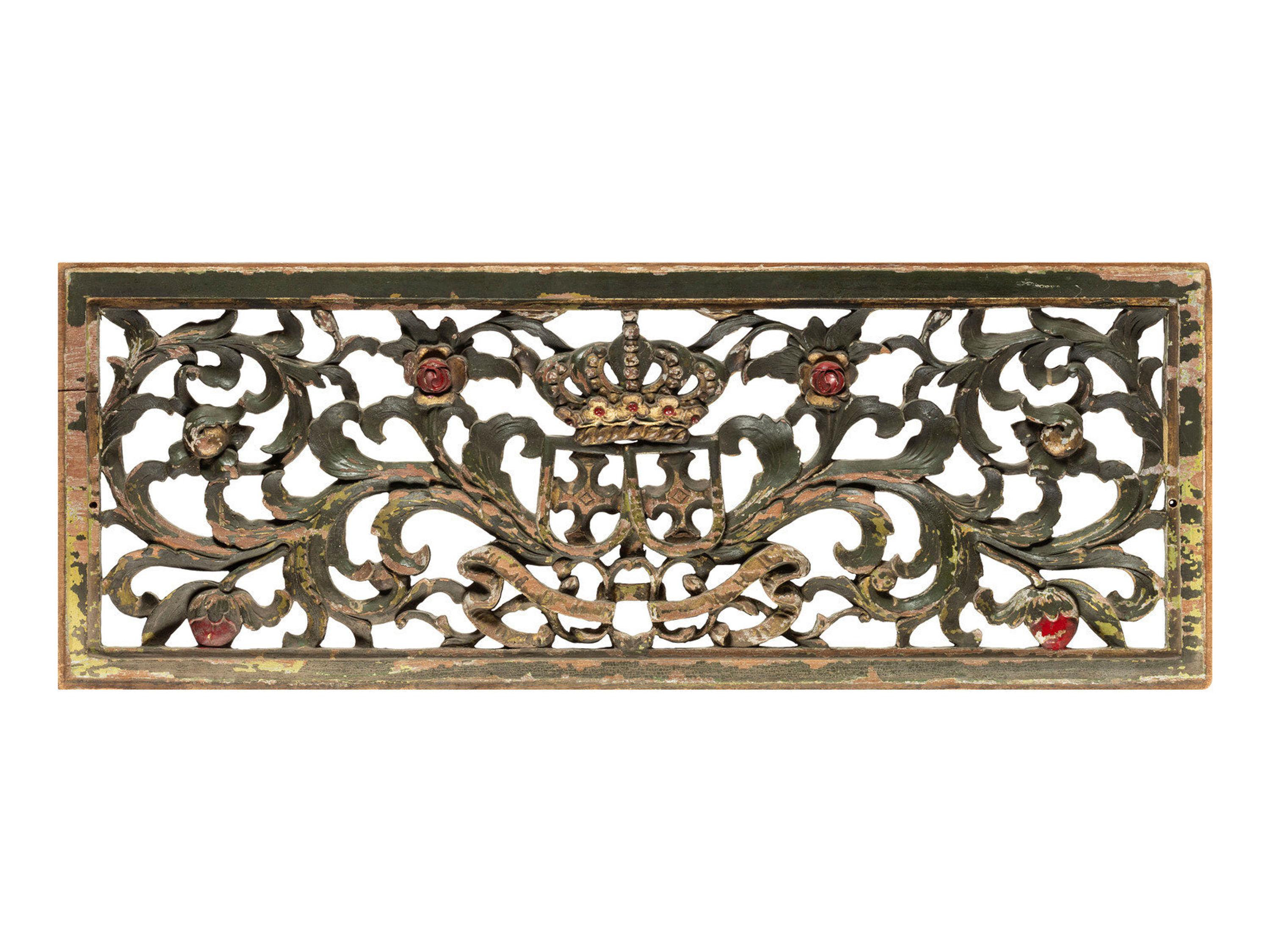 A Pierce Carved and Polychrome Decorated Transom Panel
