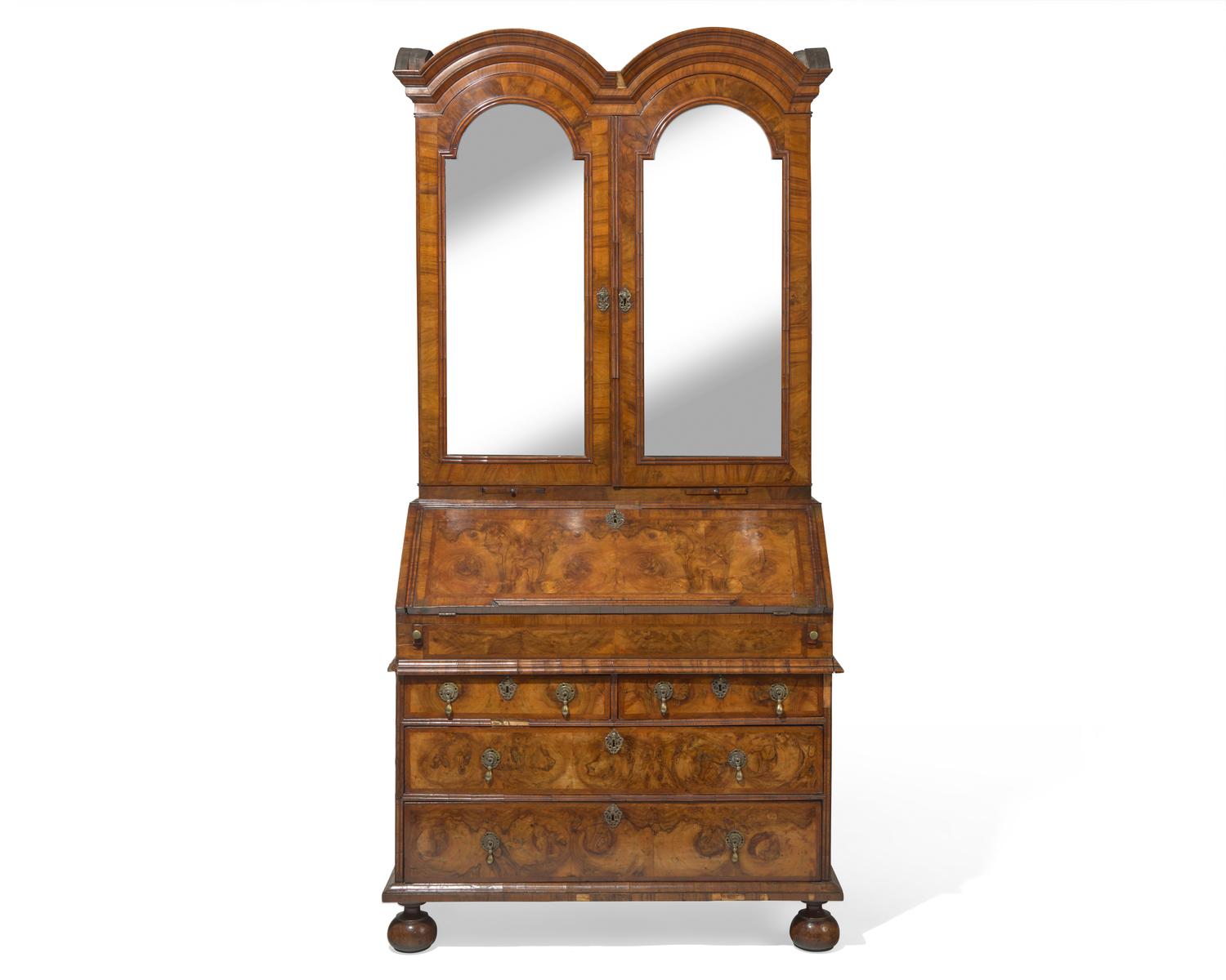 A William & Mary burl walnut-veneered double-domed secretary desk, circa 1700