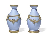A Pair of Wedgwood Gilt Bronze Mounted Pale Blue Jasperware Vases