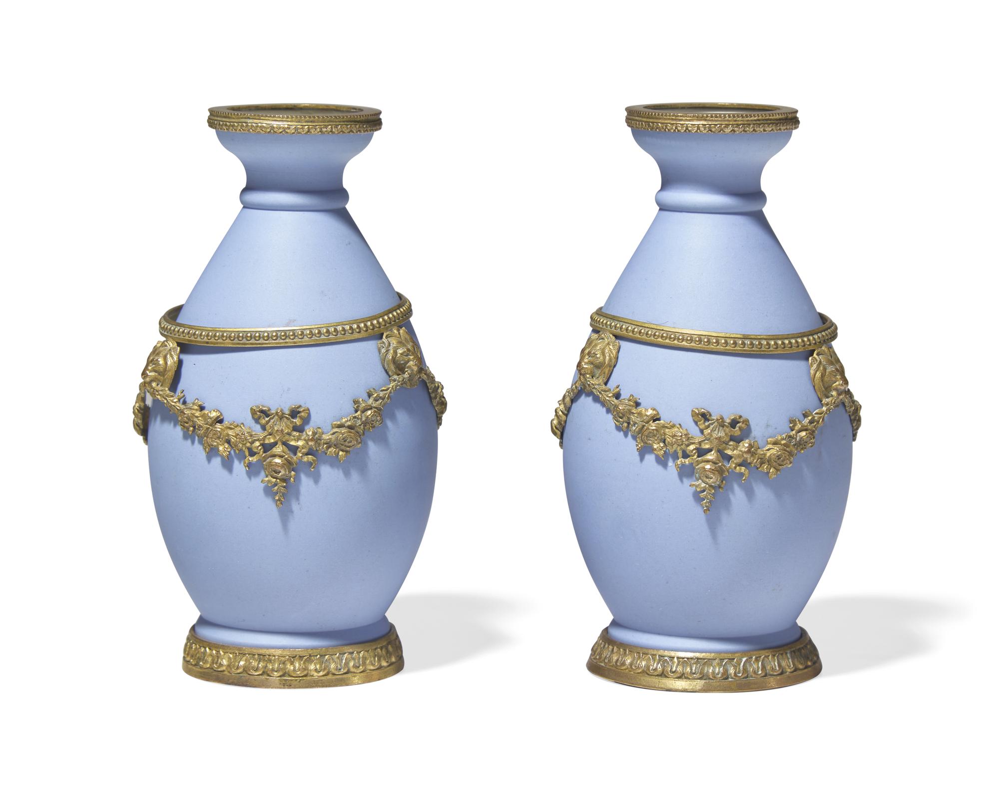 A Pair of Wedgwood Gilt Bronze Mounted Pale Blue Jasperware Vases