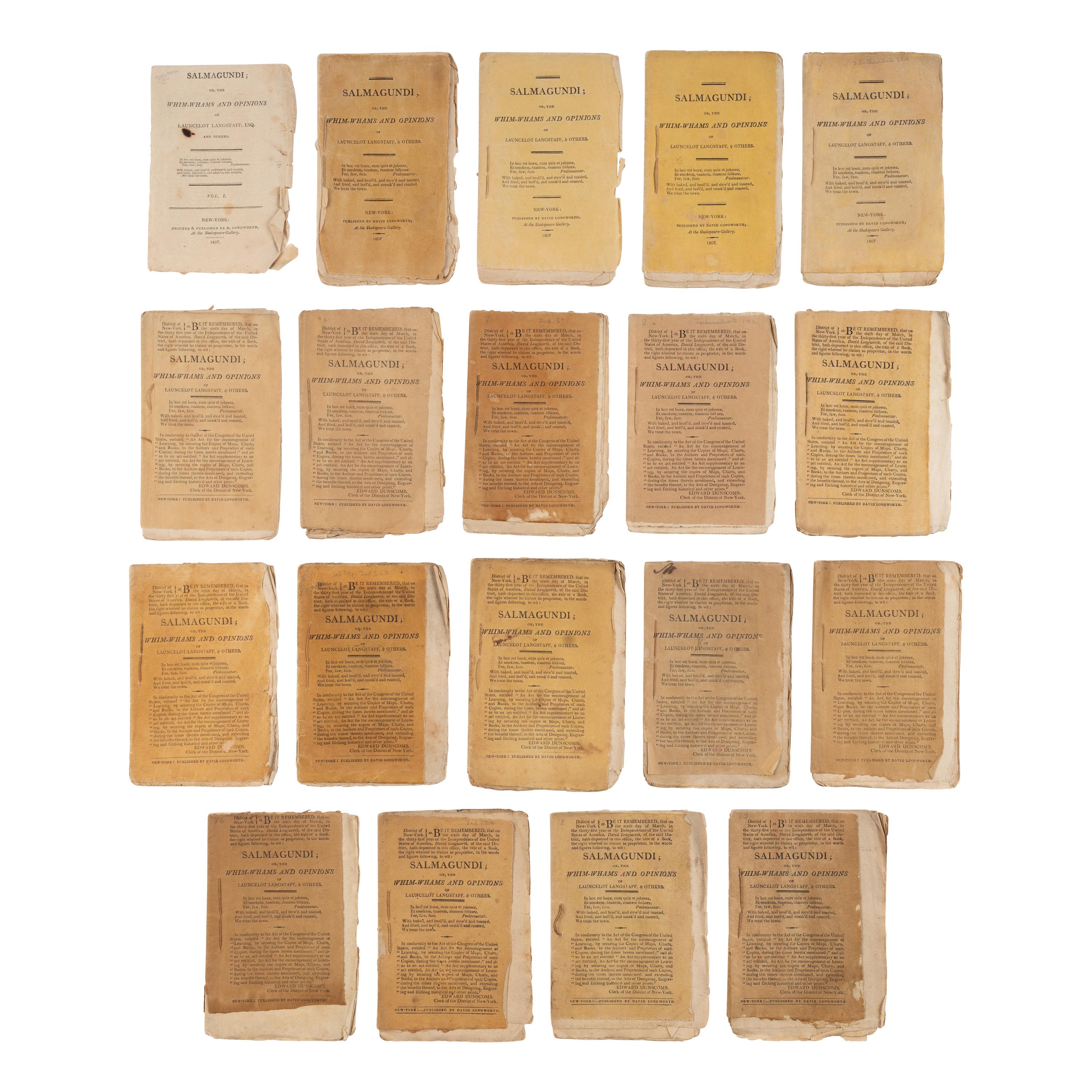 [Irving, Washington (1783-1859), et al.] Salmagundi or, the Whim-Whams and Opinions of Launcelot Langstaff, & Others. New York: David Longworth, 24 January 1807-25 January 1808.
