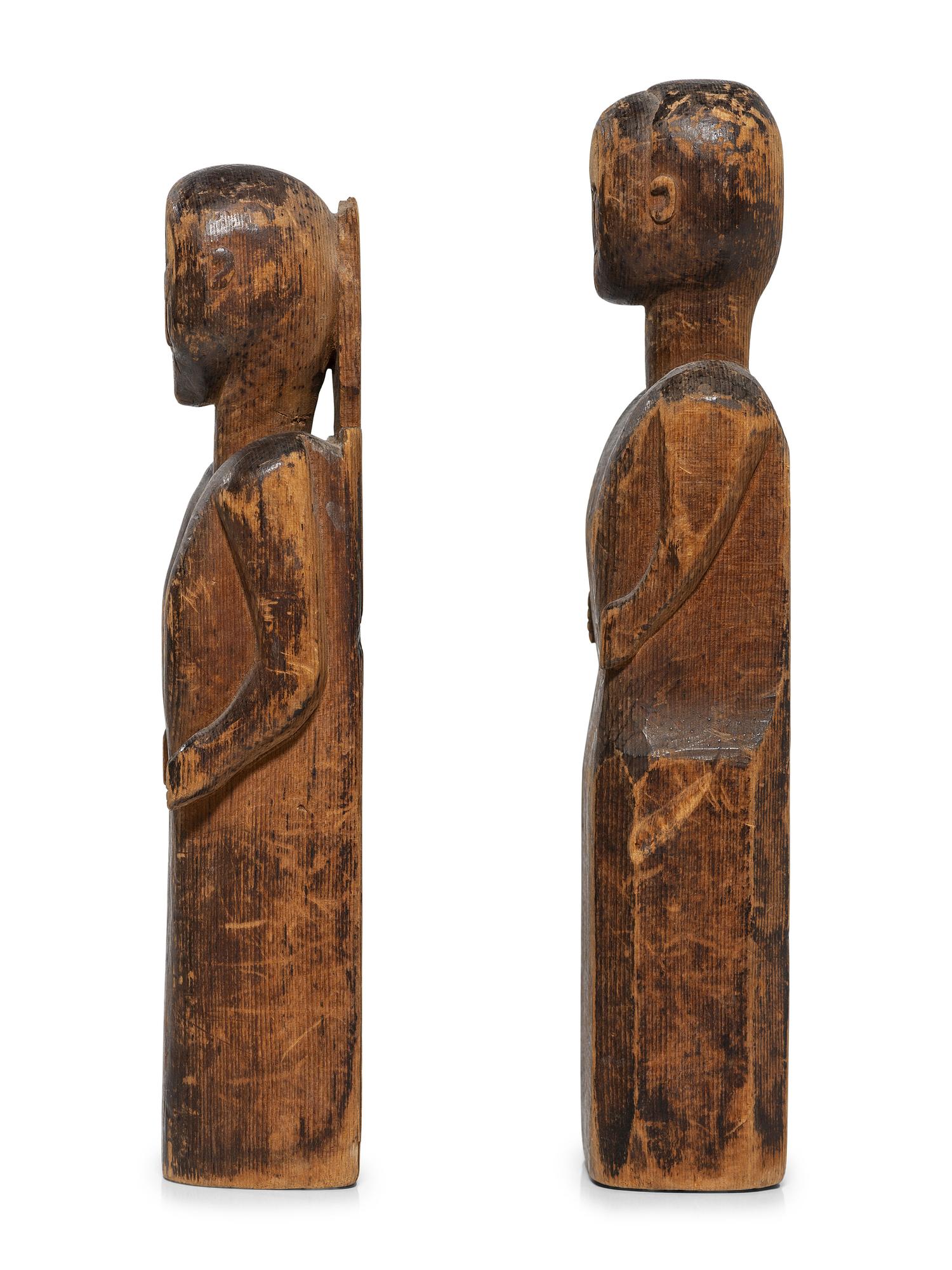 Two Carved Pine "Bedpost" Dolls
