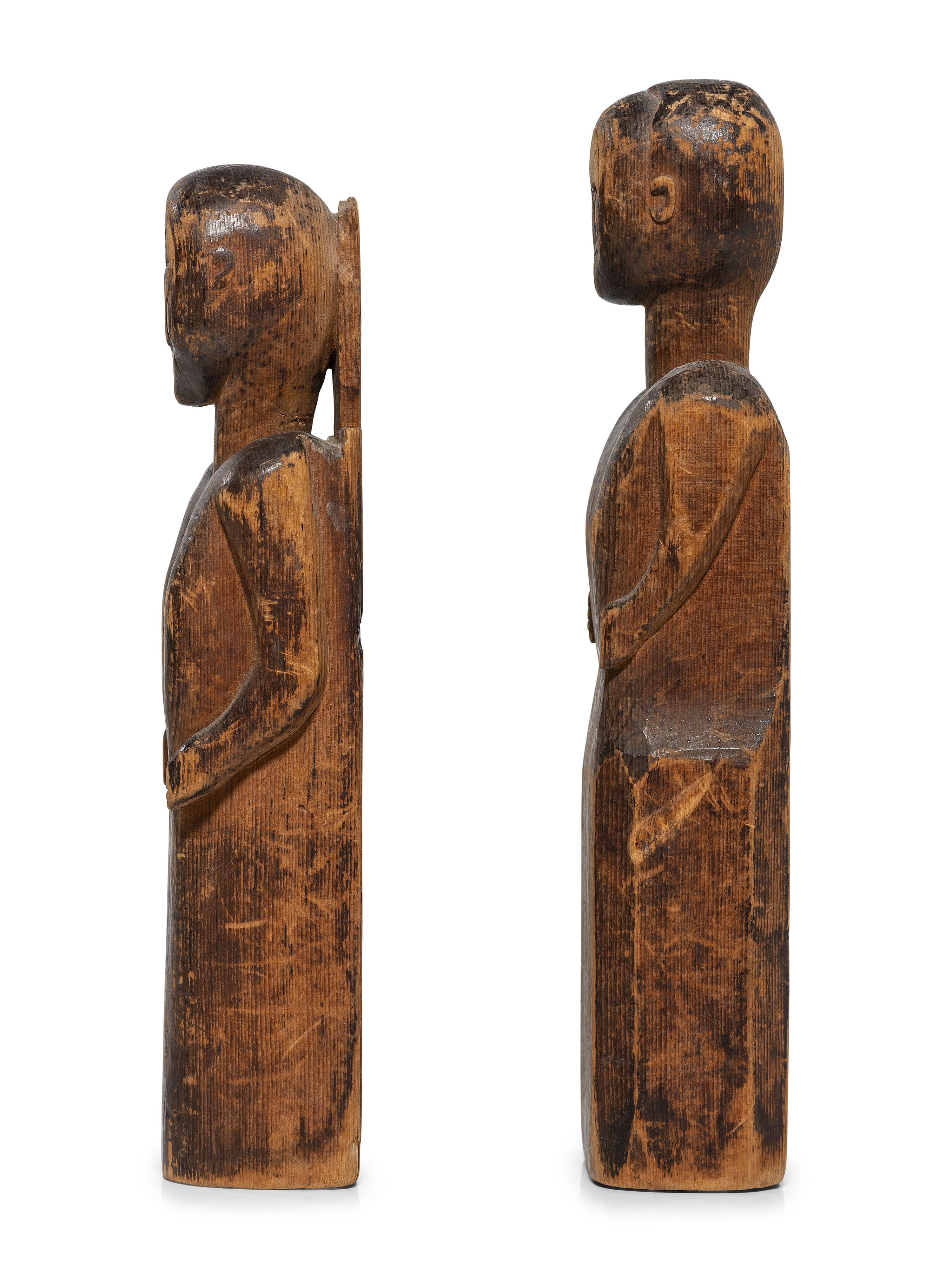 Two Carved Pine "Bedpost" Dolls