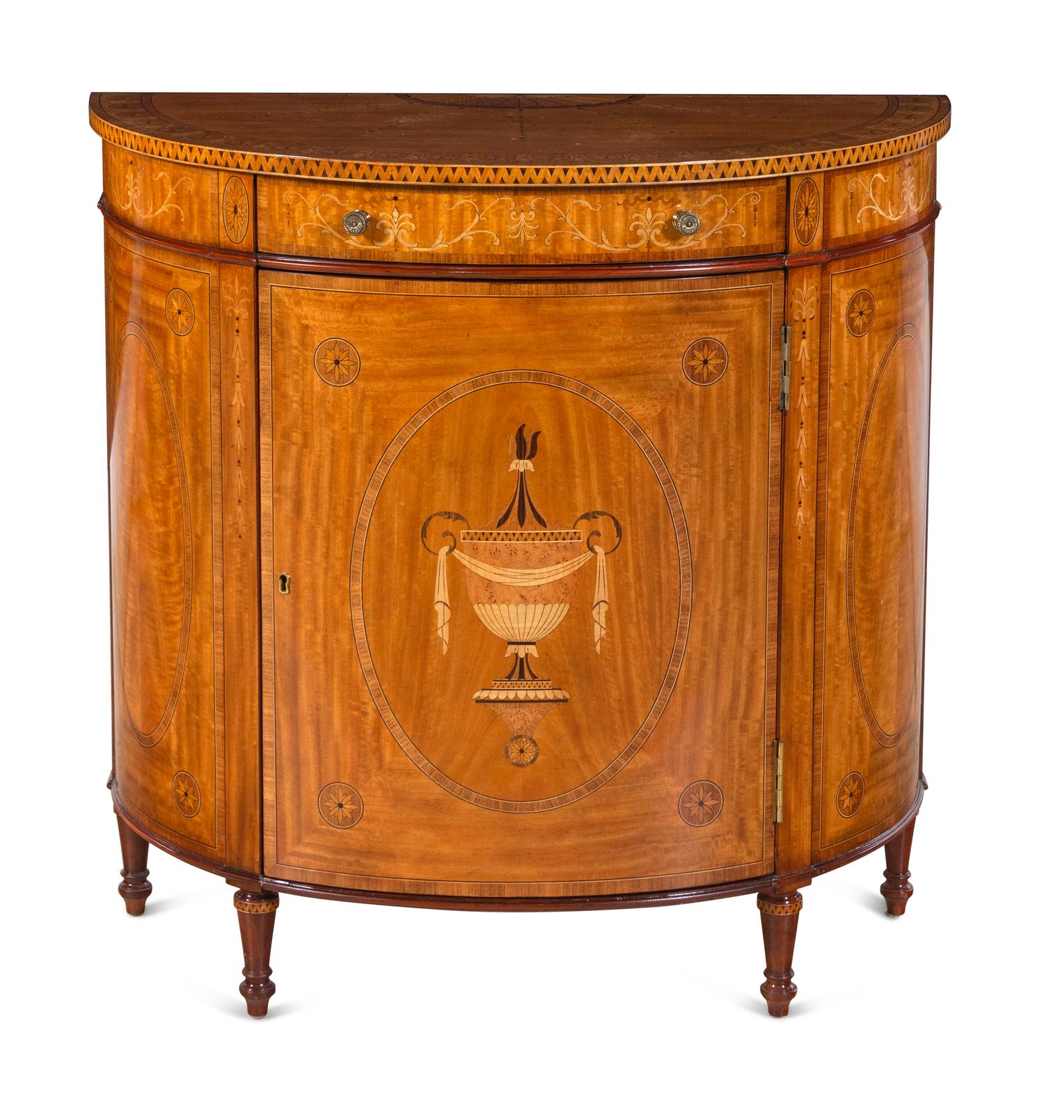 An Adam Style Satinwood and Marquetry Demilune Cabinet