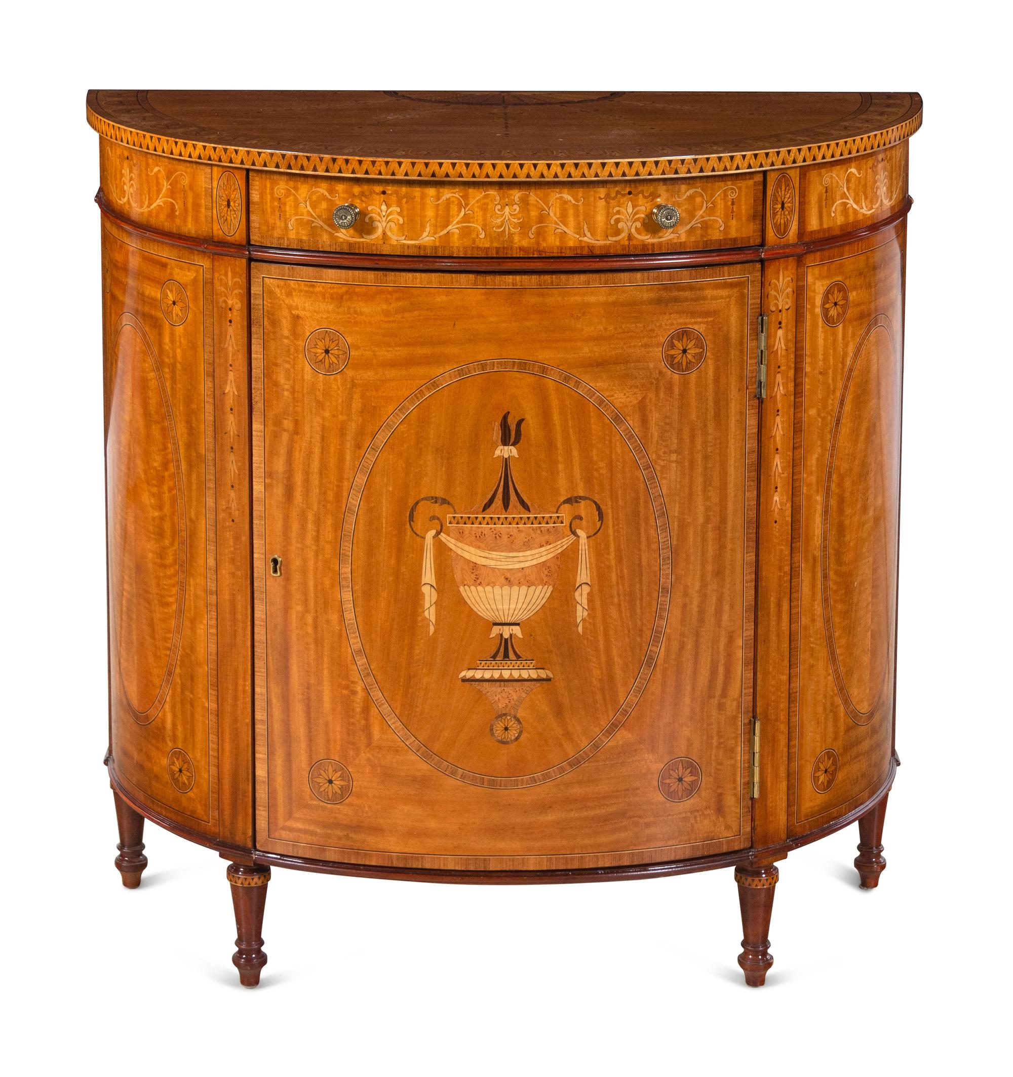 An Adam Style Satinwood and Marquetry Demilune Cabinet