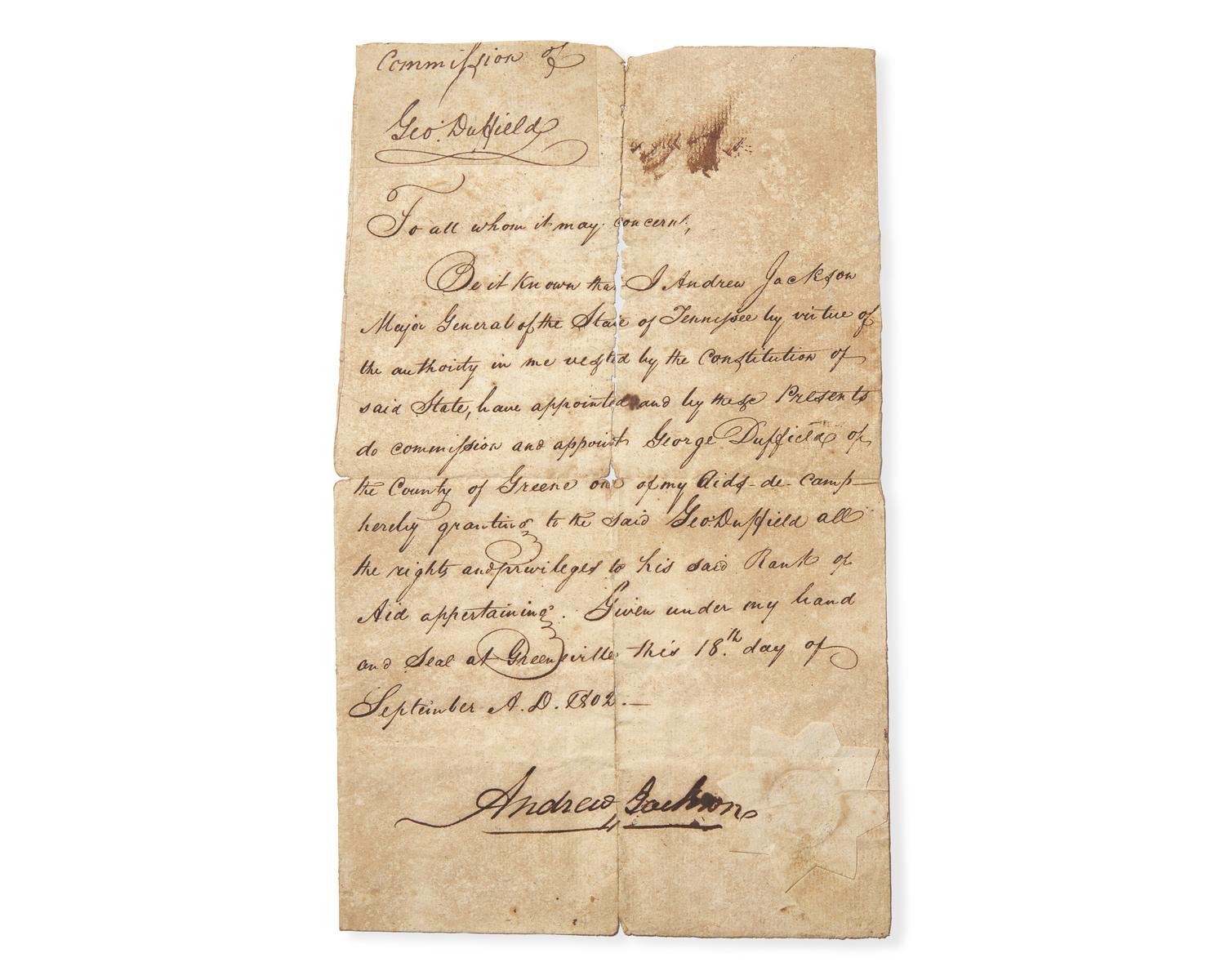 [Americana] Jackson, Andrew. Manuscript Document, signed