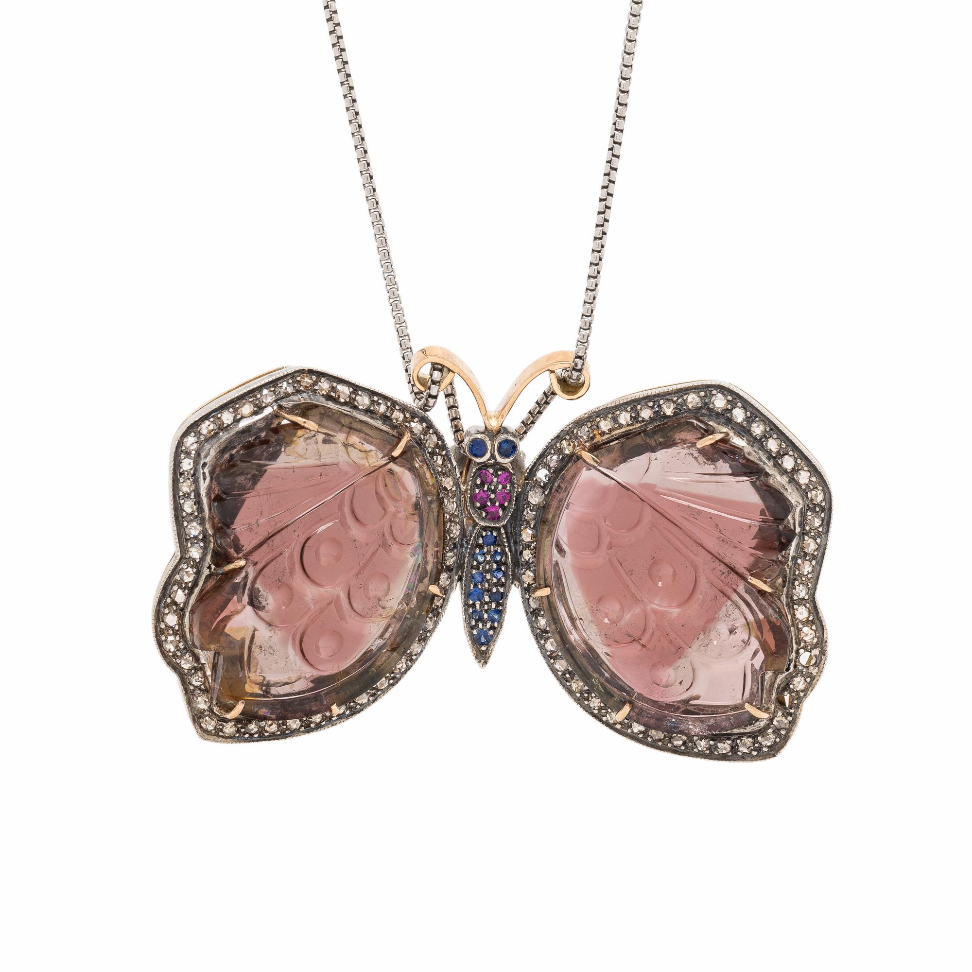 Carved Gem Butterfly Pendant Necklace