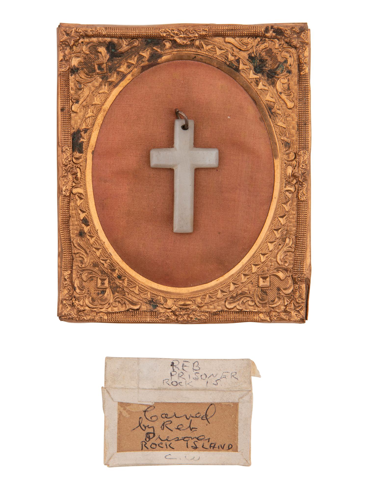 [CIVIL WAR]. Prisoner of war carved mussel cross and Battle of Winchester metal fragment. Ex Julian Converse Collection.