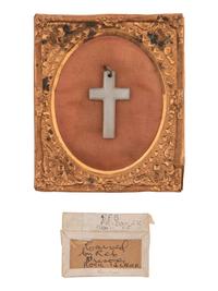 [CIVIL WAR]. Prisoner of war carved mussel cross and Battle of Winchester metal fragment. Ex Julian Converse Collection.