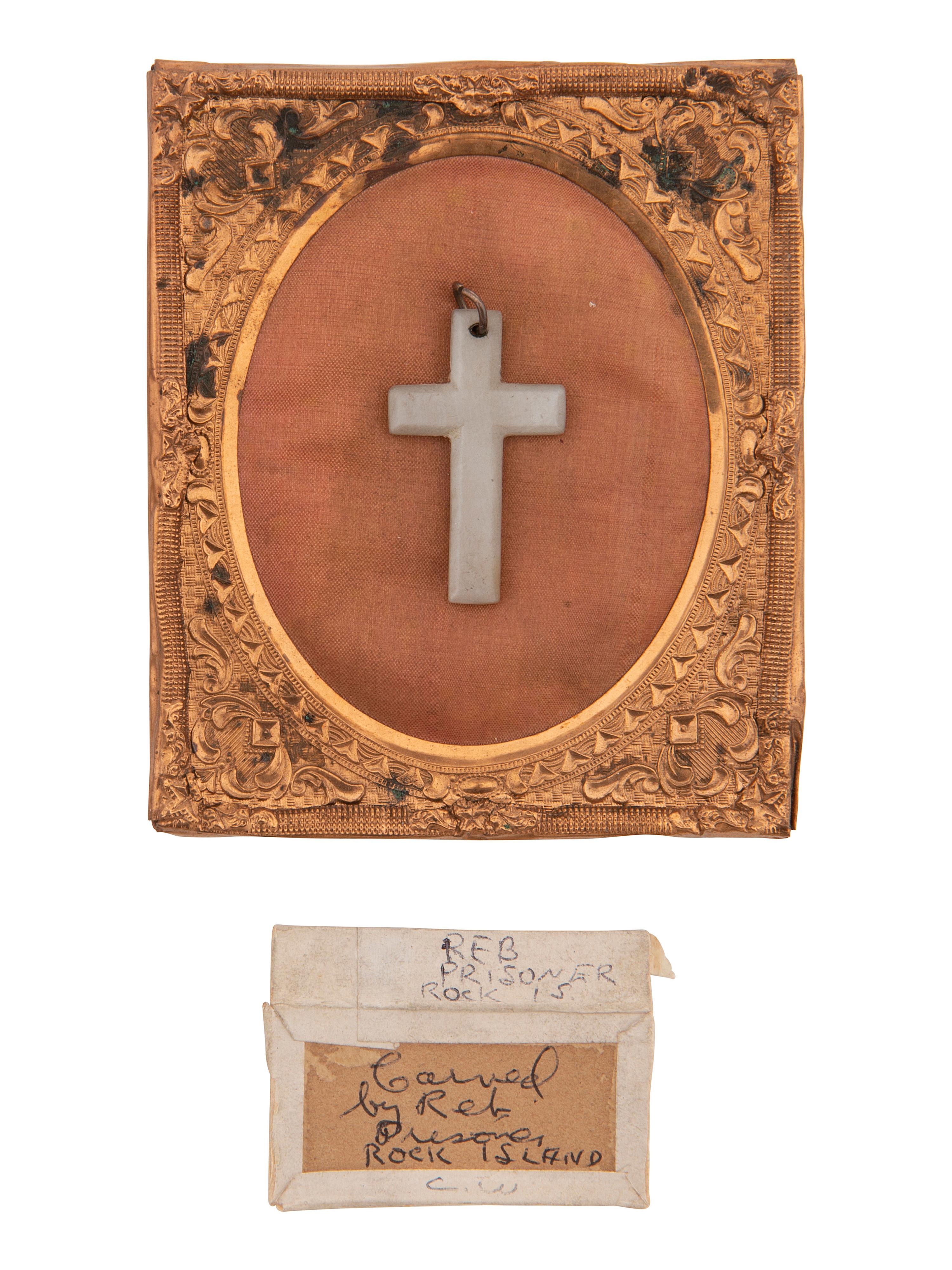 [CIVIL WAR]. Prisoner of war carved mussel cross and Battle of Winchester metal fragment. Ex Julian Converse Collection.