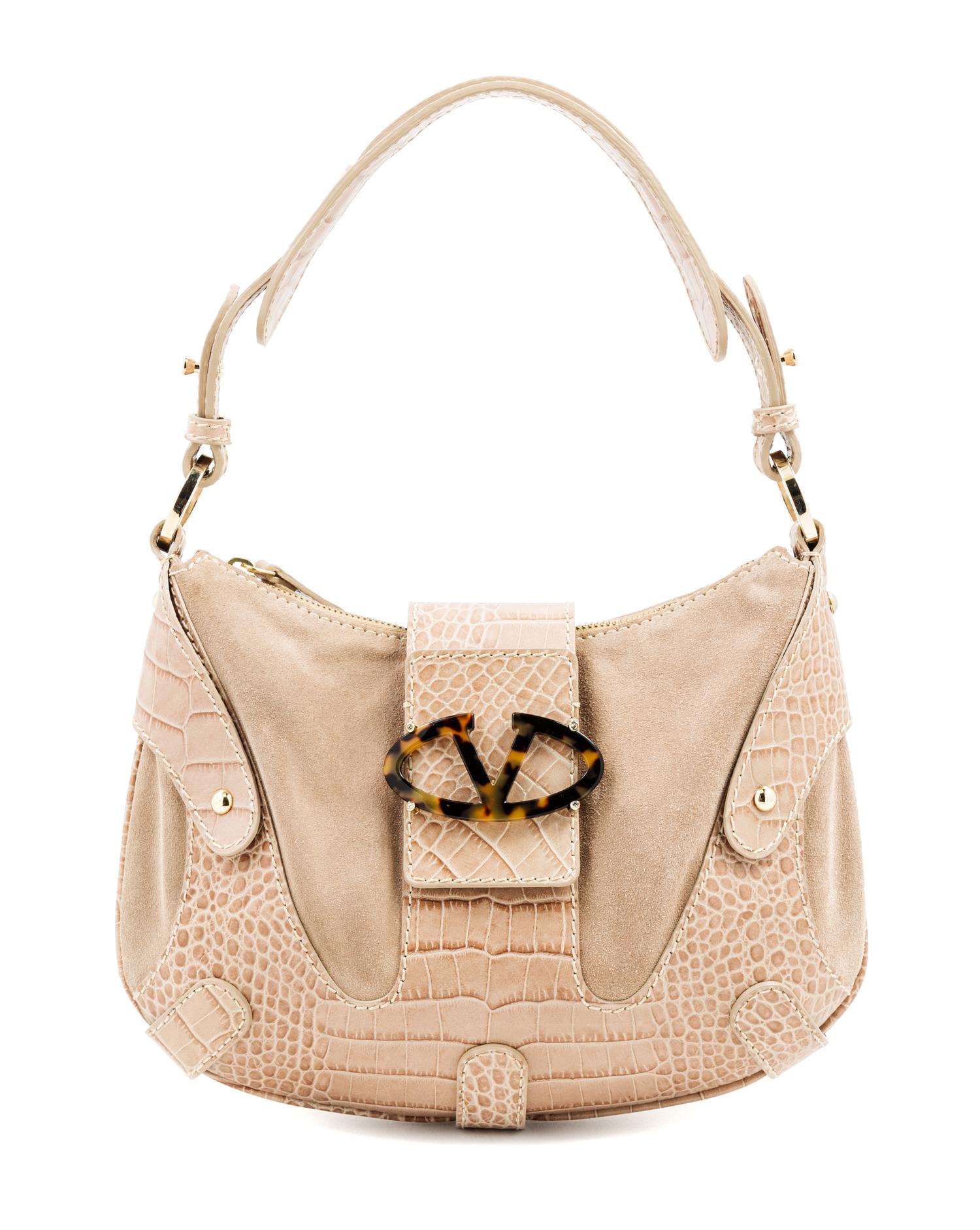 A Valentino Garavani Tan Suede Bag, 12" x 8" x 1"; Strap drop: 8".