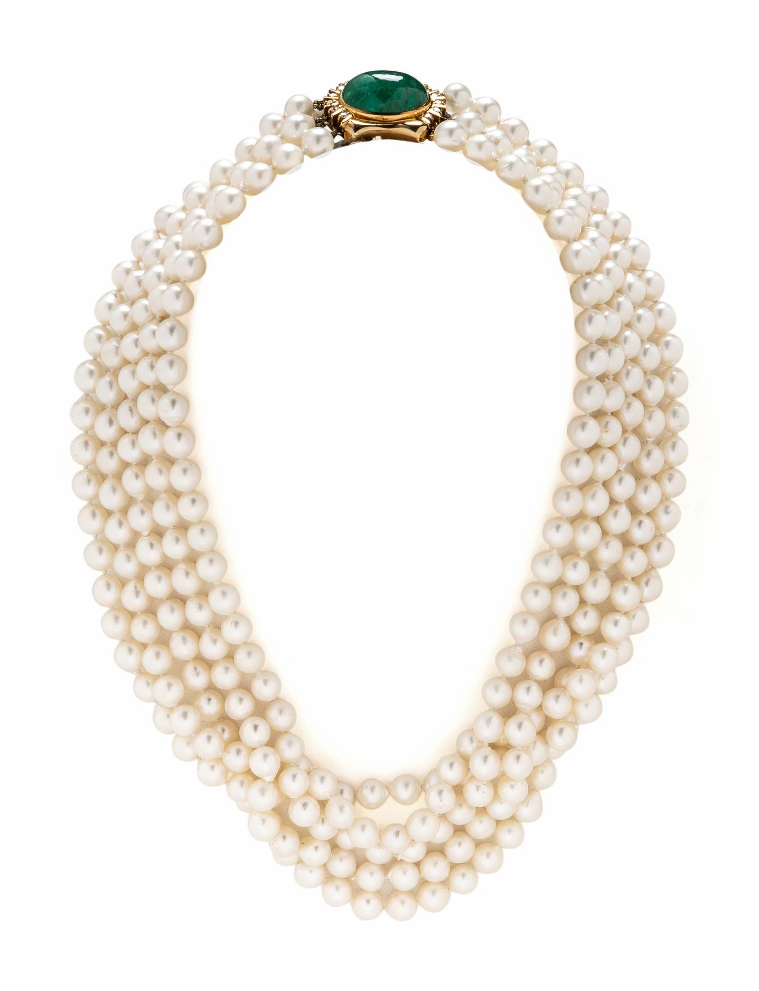 CULTURED PEARL, EMERALD, AND DIAMOND NECKLACE