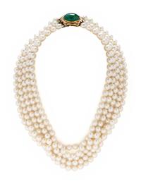 CULTURED PEARL, EMERALD, AND DIAMOND NECKLACE
