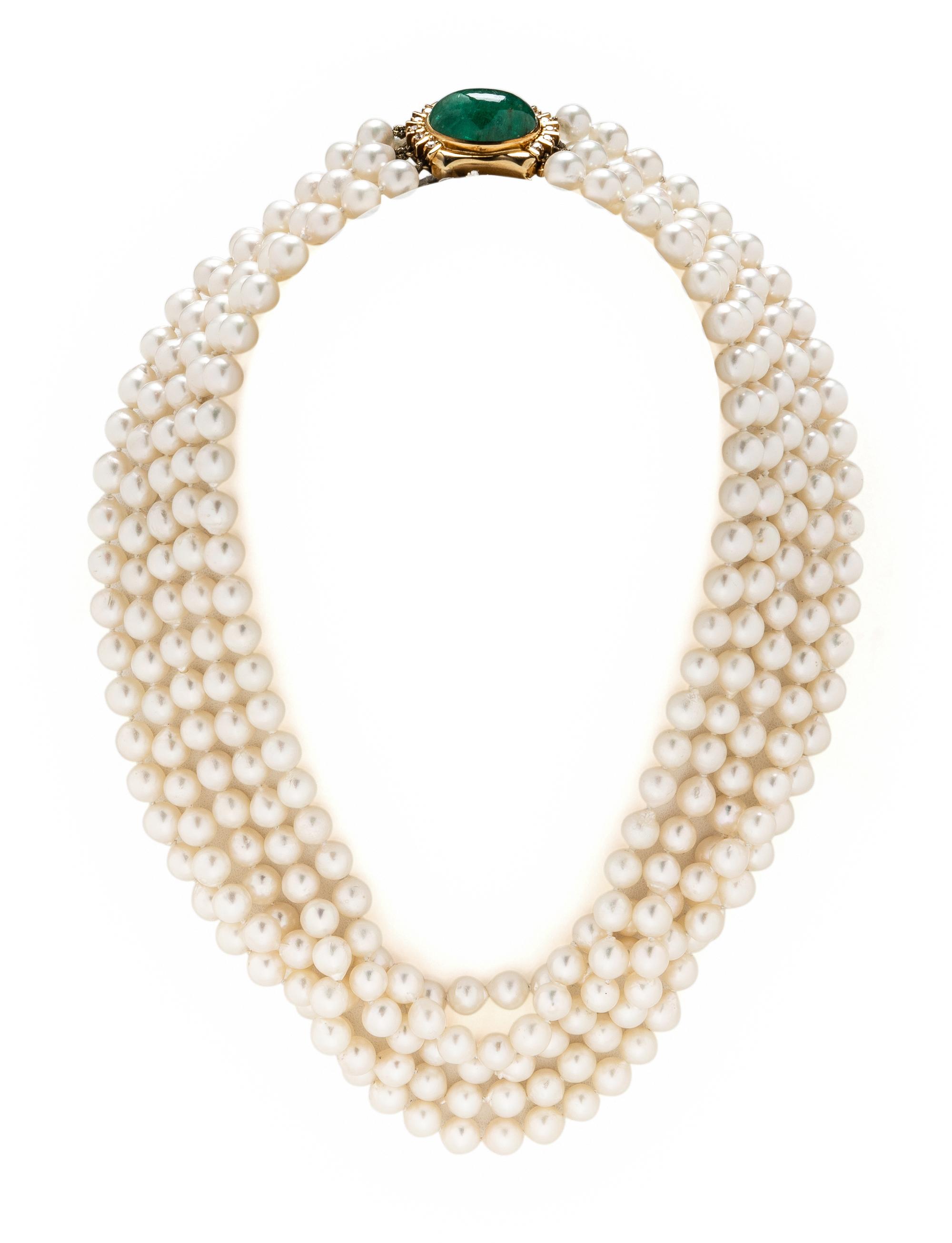 CULTURED PEARL, EMERALD, AND DIAMOND NECKLACE