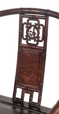A Pair of Chinese Burlwood Inset Mixed Wood Horseshoe-Back 'Bamboo' Armchairs, Quanyi