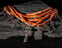 Multi-strand Coral Necklace, with Silver Double Crosses
