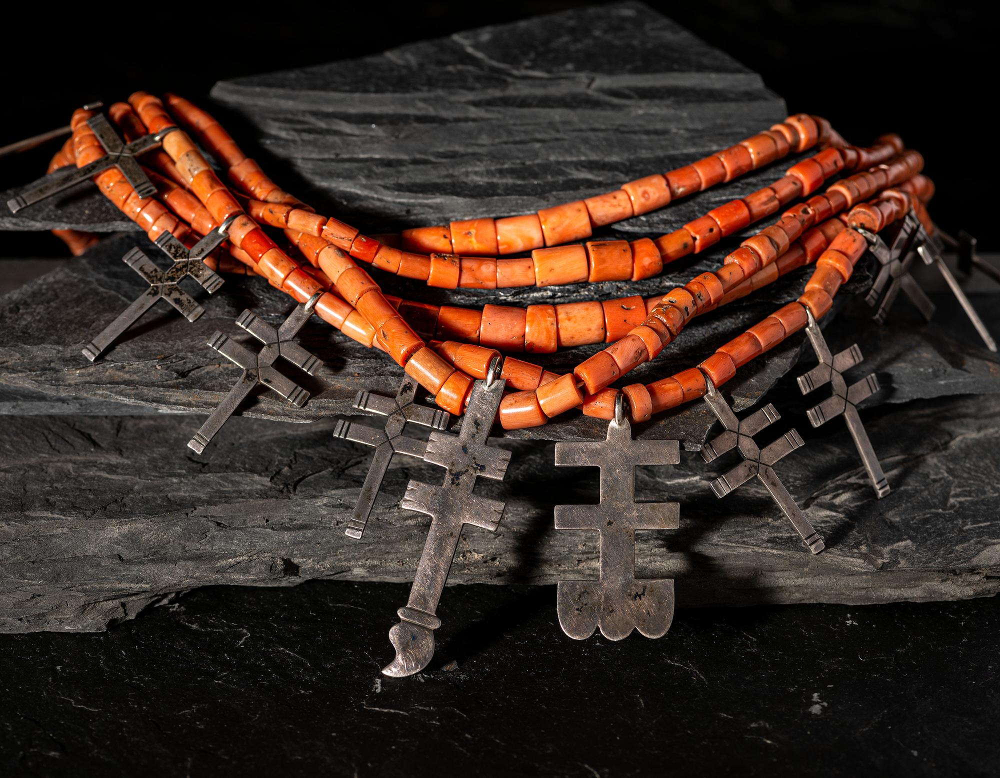 Multi-strand Coral Necklace, with Silver Double Crosses