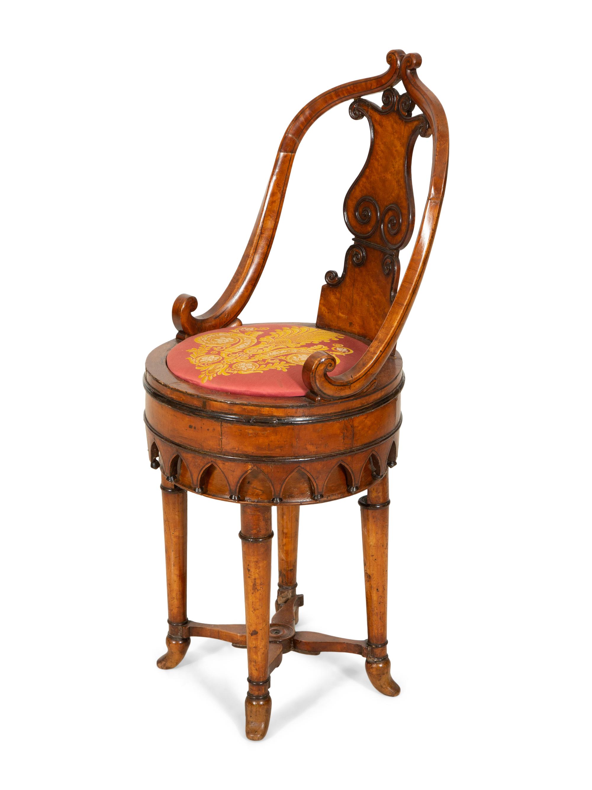 A Continental Parcel Ebonized Burled Walnut Music Chair