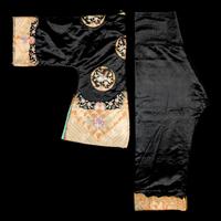 A Set of Chinese Navy Ground Embroidered Silk 'Crane' Jacket and Matching Pants, 19th Century 清晚期 石青地盤金綉團鶴紋女褂褲一套