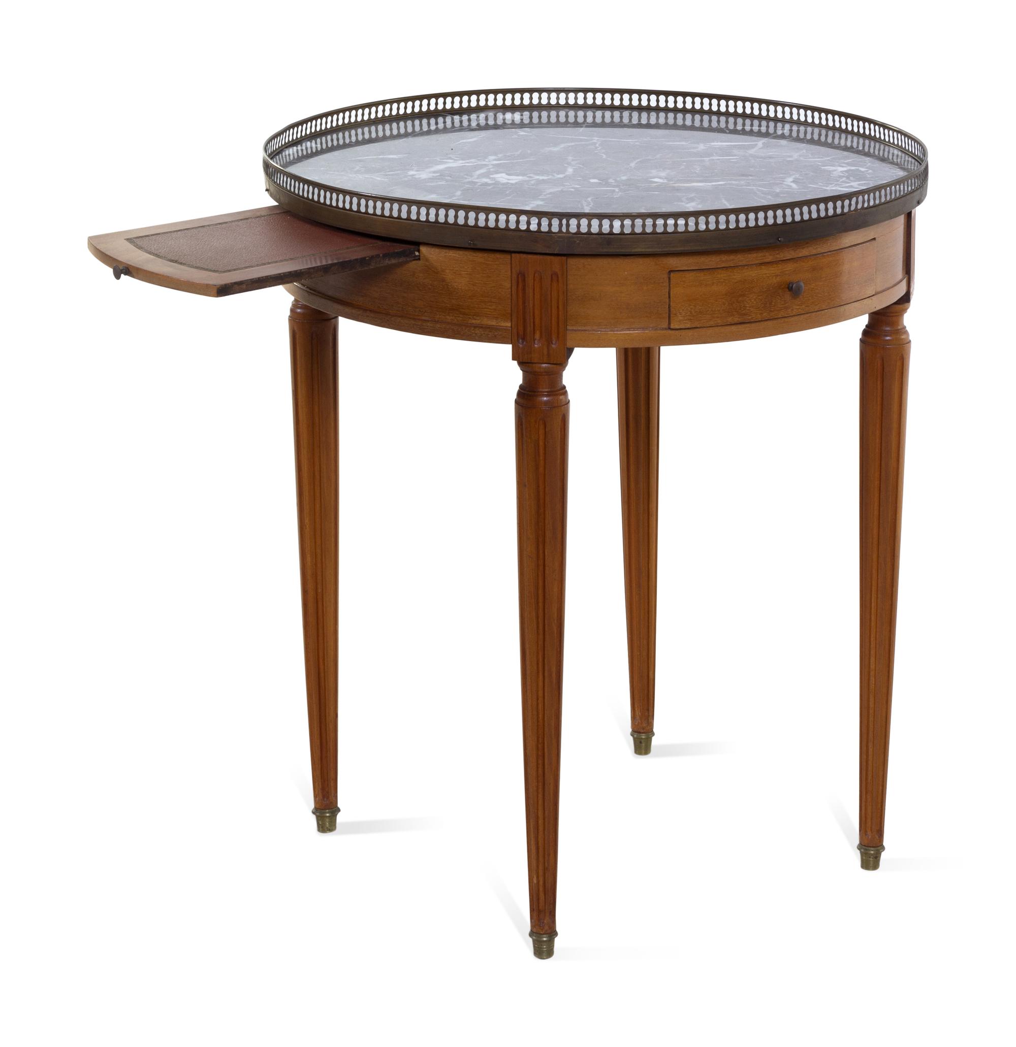 A Louis XVI Style Brass Mounted Fruitwood Marble Top Bouillotte Table