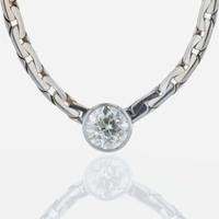 A 14K, white gold diamond station necklace