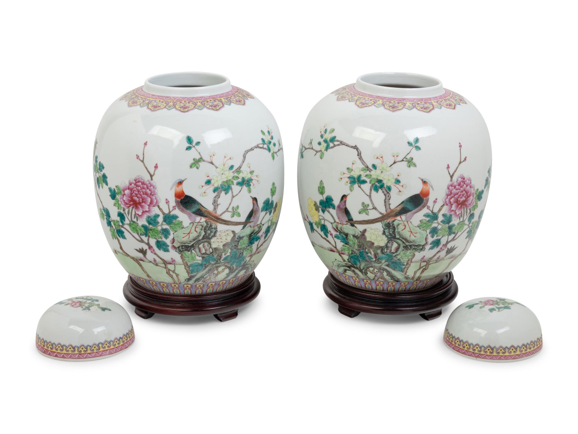 A Pair of Famille Rose Porcelain Jars