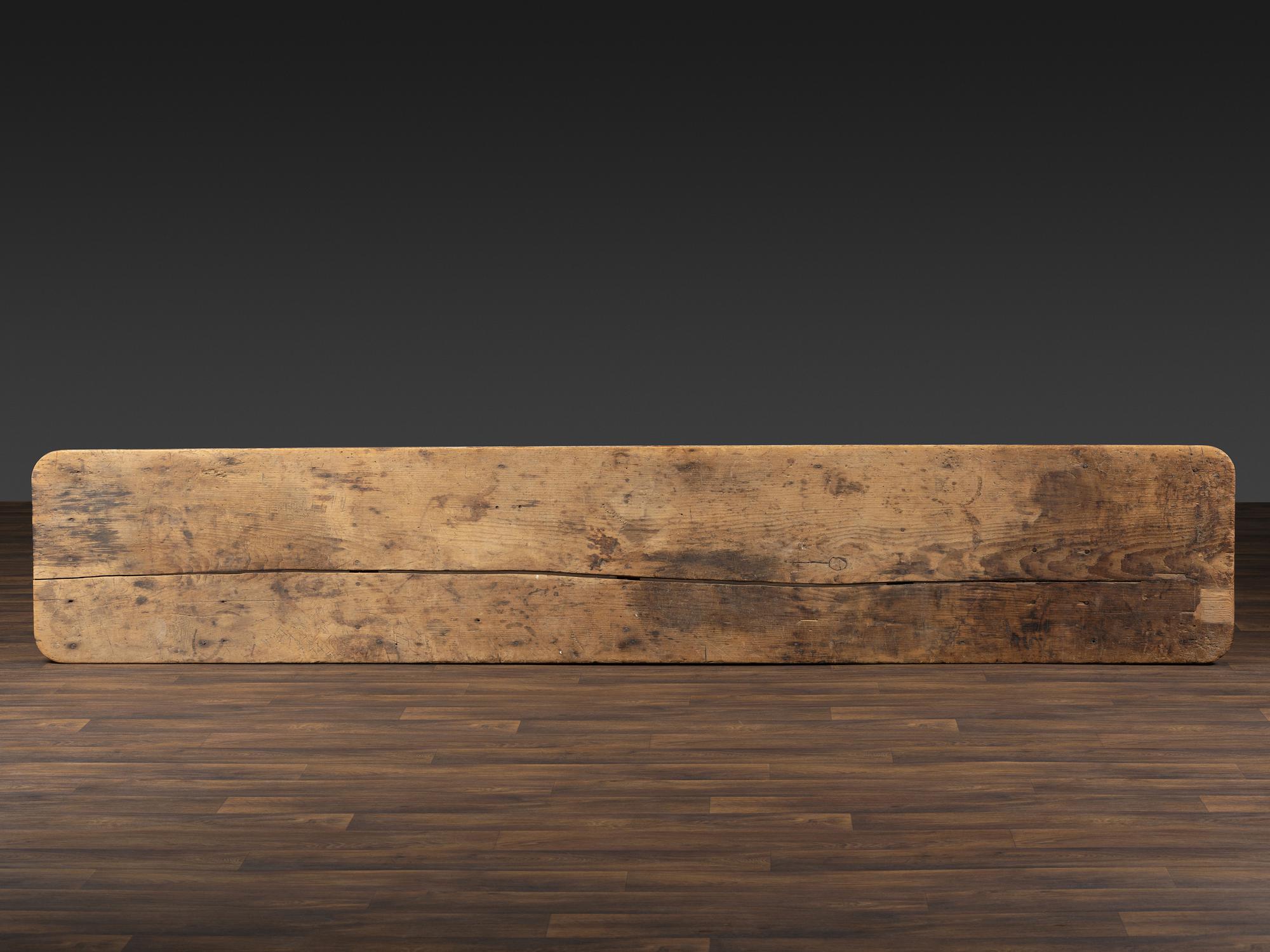 A Country Red Painted Scrubbed Single-Plank Top Pine Harvest Table