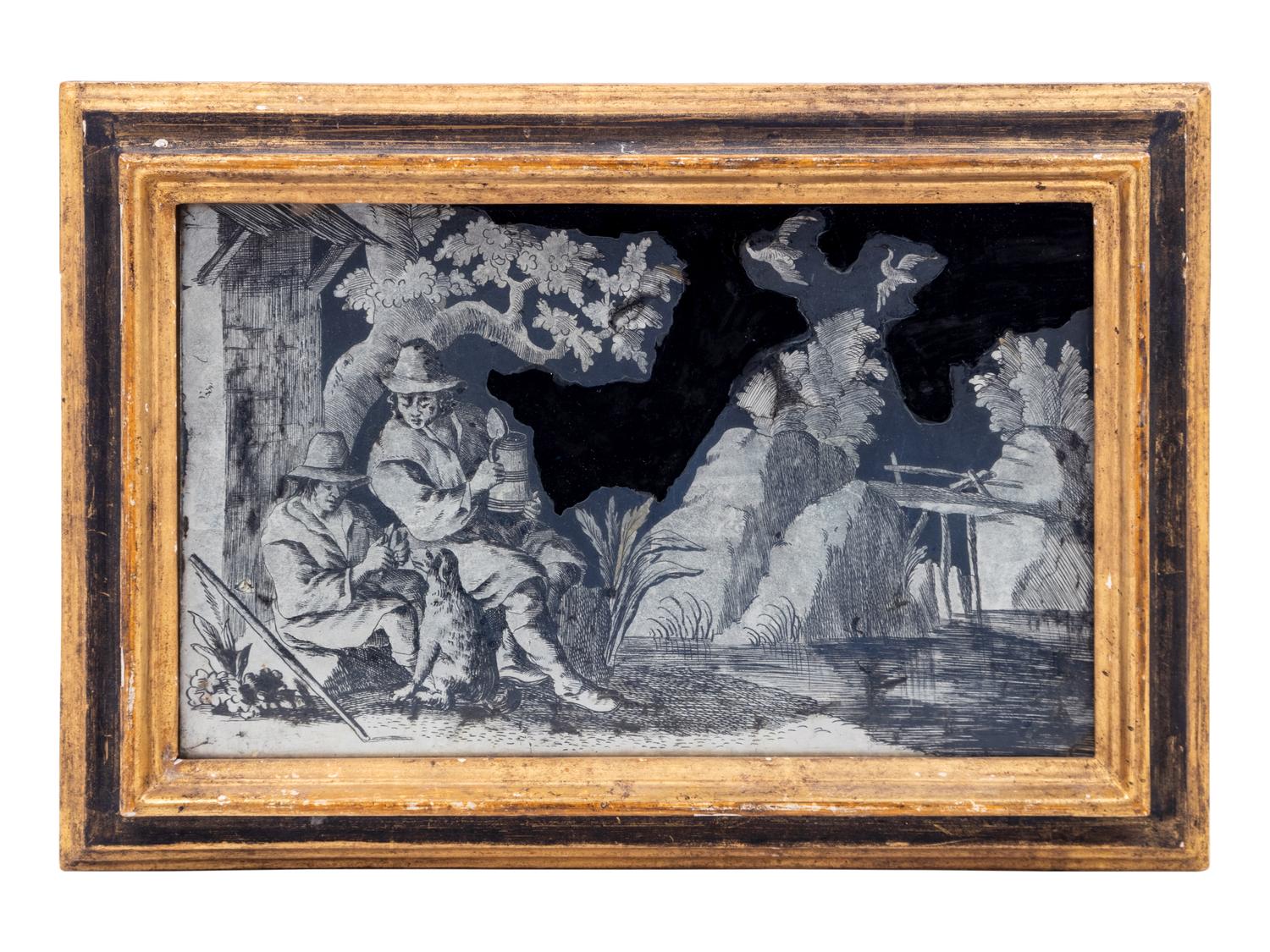Two Dutch Silvered Verre Églomisé Plaques