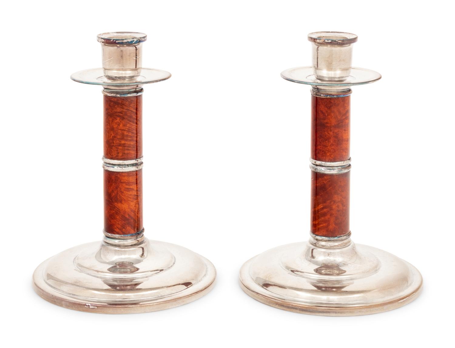 A Pair of Broggi Silver-Plate and Enamel Candlesticks