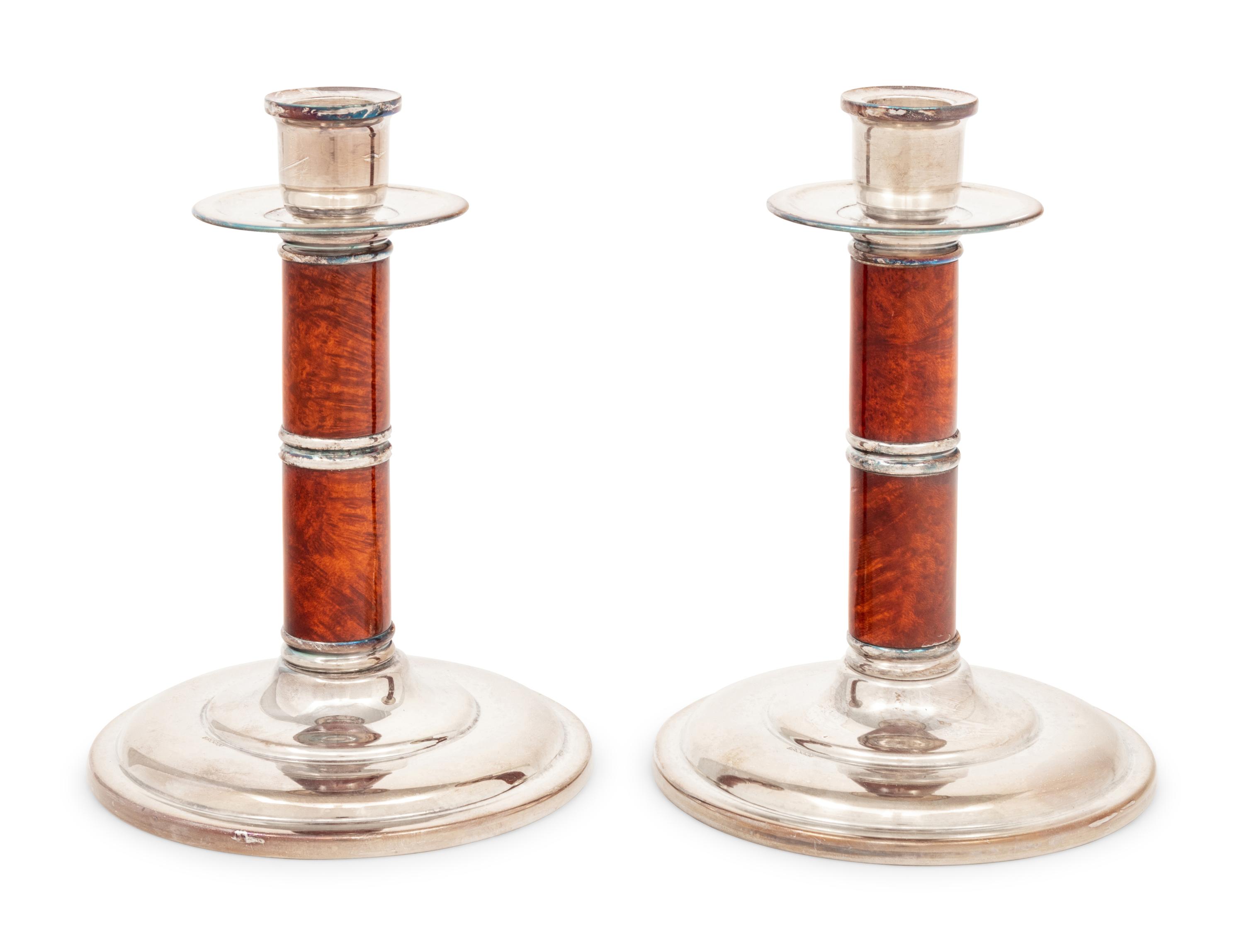 A Pair of Broggi Silver-Plate and Enamel Candlesticks