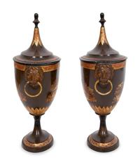 A Pair of Regency Parcel-Gilt Tôle Peinte Urns