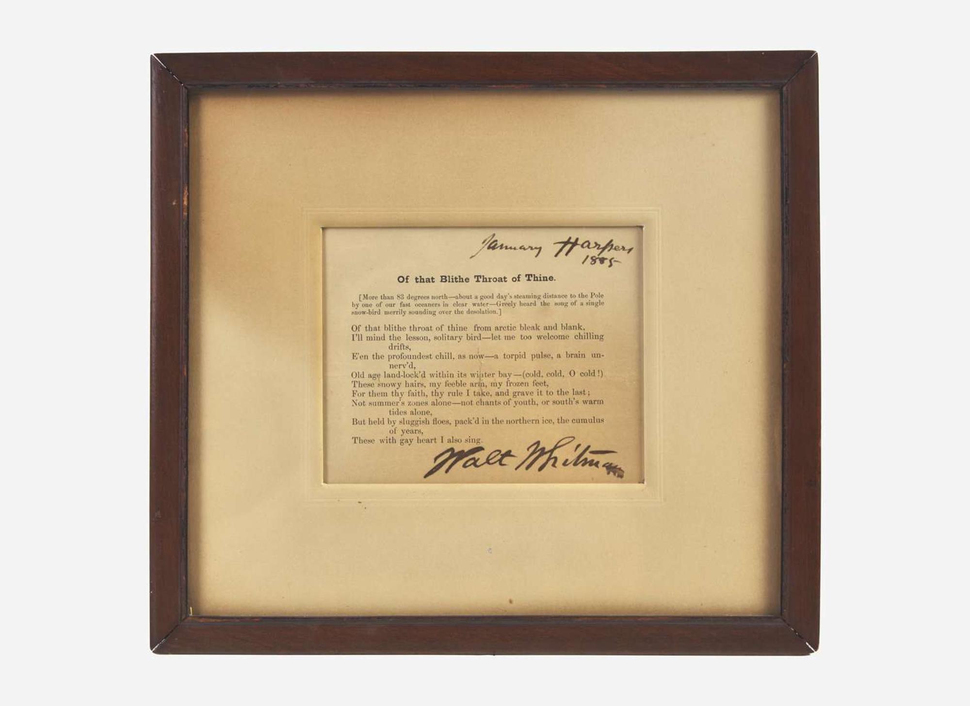 [Literature] Whitman, Walt: Printed Poem, signed