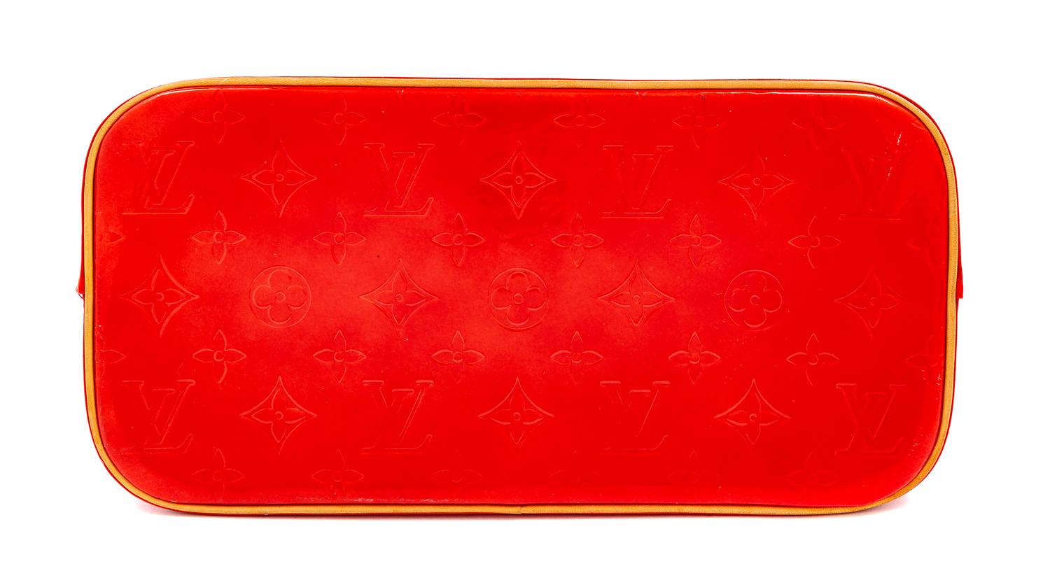 A Louis Vuitton Red Vernis Houston Tote Bag, 10" H x 11.5" W x 5" D; Strap drop: 7".