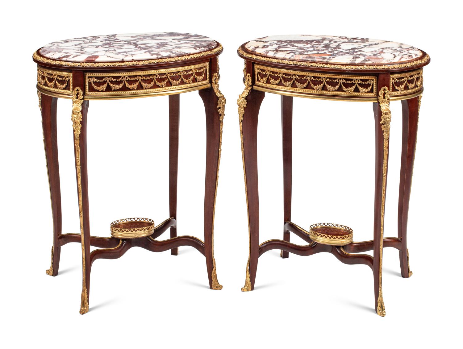 A Pair of Louis XV Style Gilt Bronze Mounted Marble-Top Side Tables