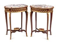 A Pair of Louis XV Style Gilt Bronze Mounted Marble-Top Side Tables
