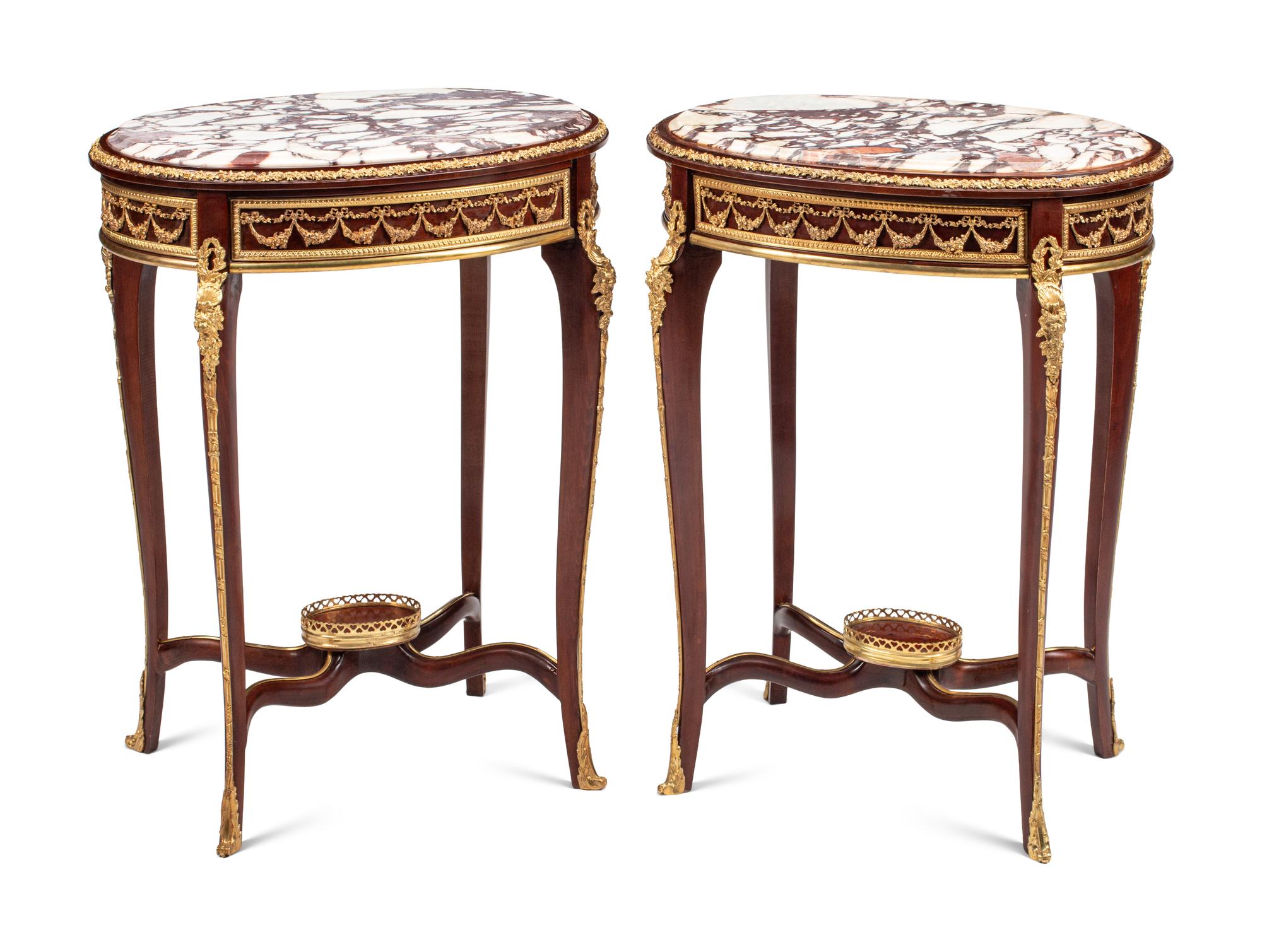 A Pair of Louis XV Style Gilt Bronze Mounted Marble-Top Side Tables
