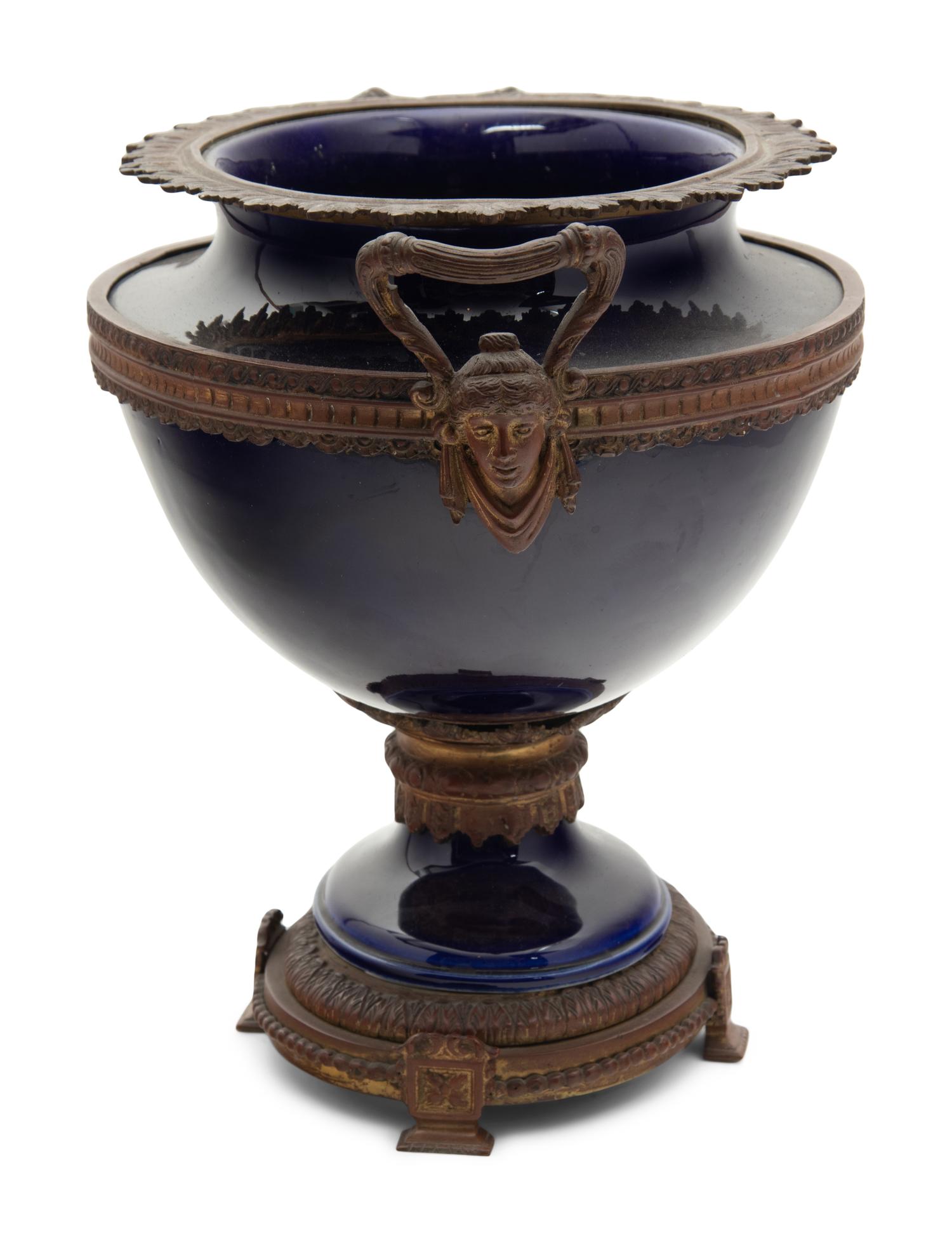 A French Gilt Metal Mounted Cobalt Earthenware Centerpiece