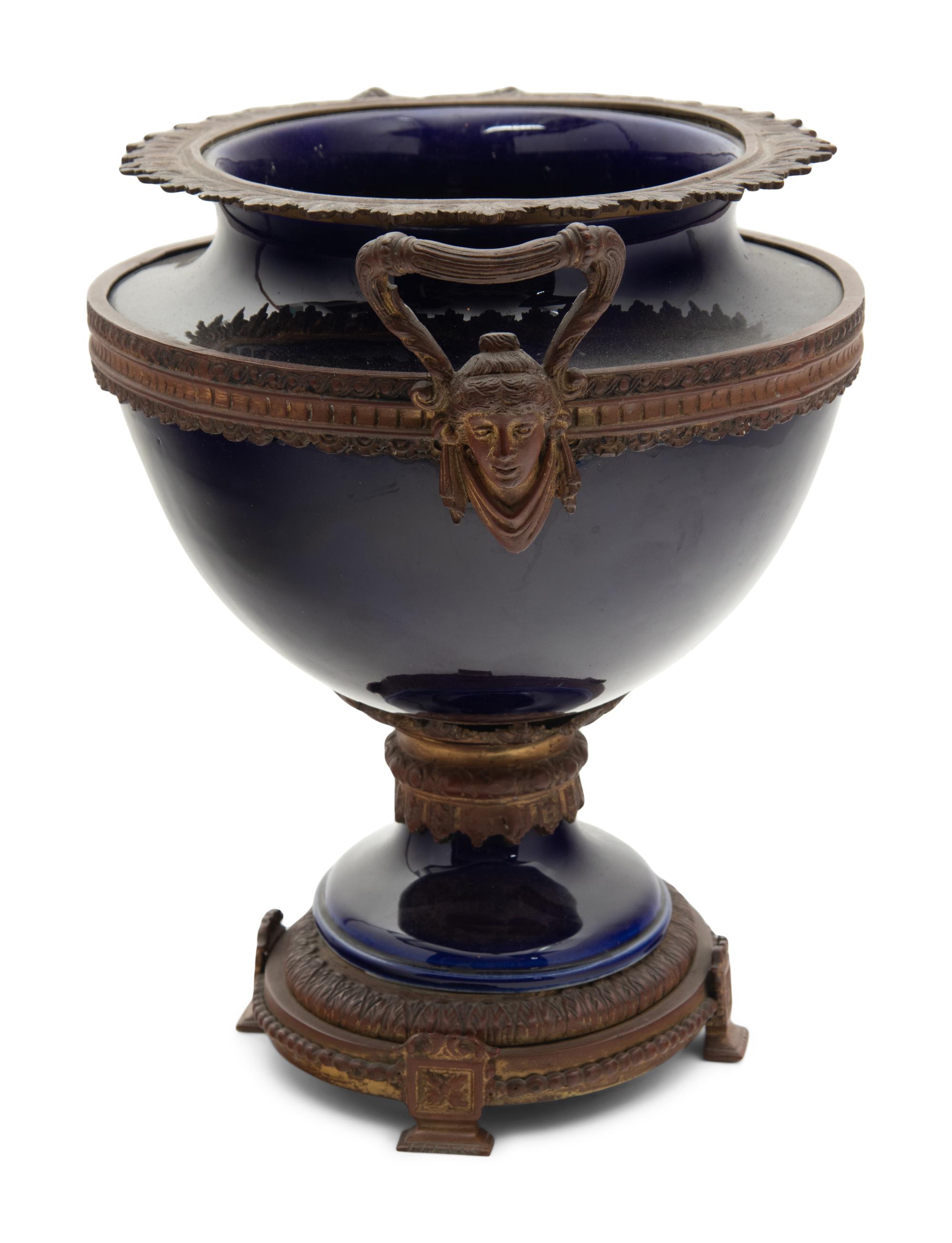 A French Gilt Metal Mounted Cobalt Earthenware Centerpiece