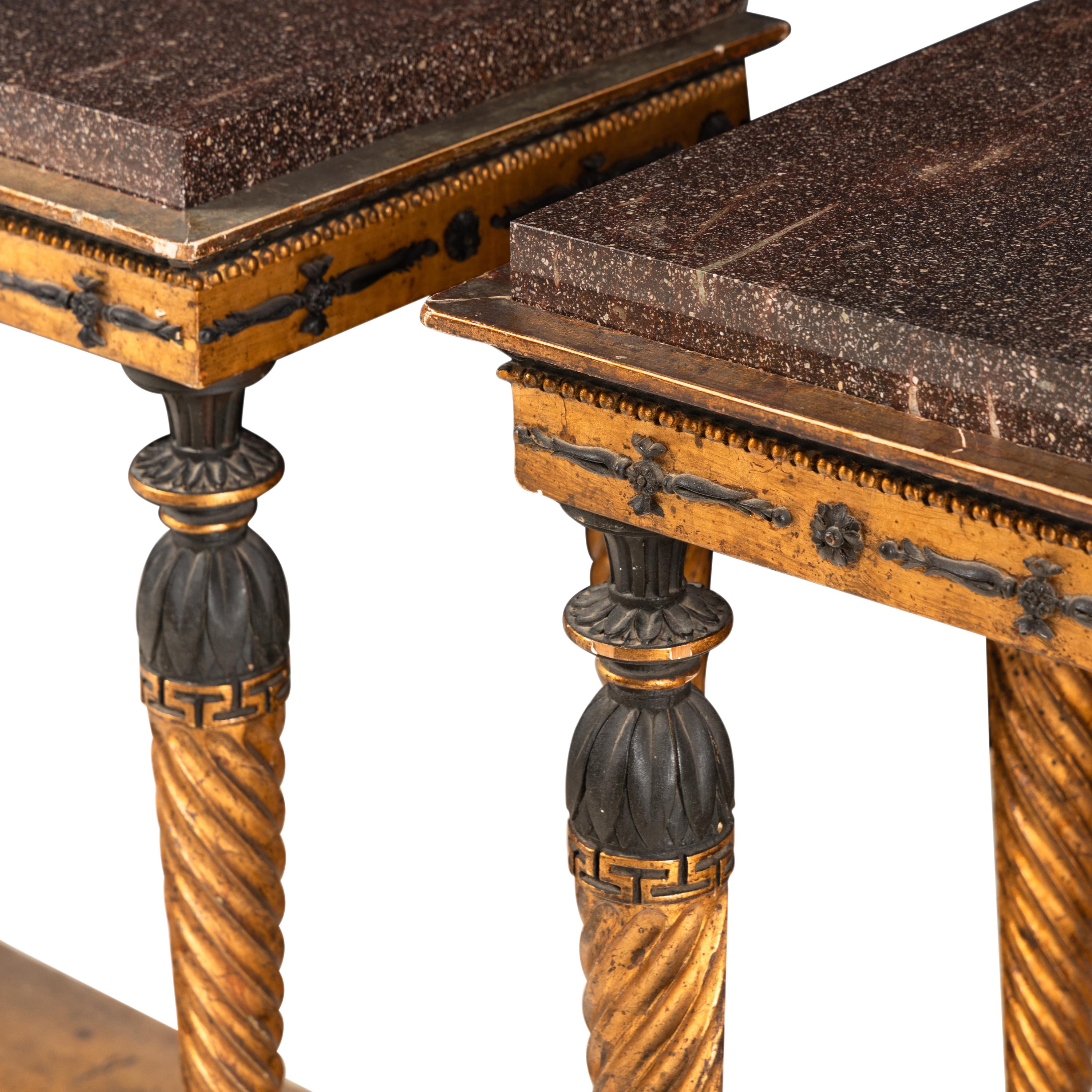 A Pair of Swedish Painted and Parcel-Gilt Porphyry-Top Console Tables