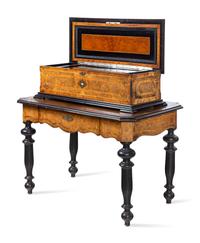 A Swiss Parcel Ebonized and Mother-of-Pearl Inlaid Burlwood Music Box on Stand