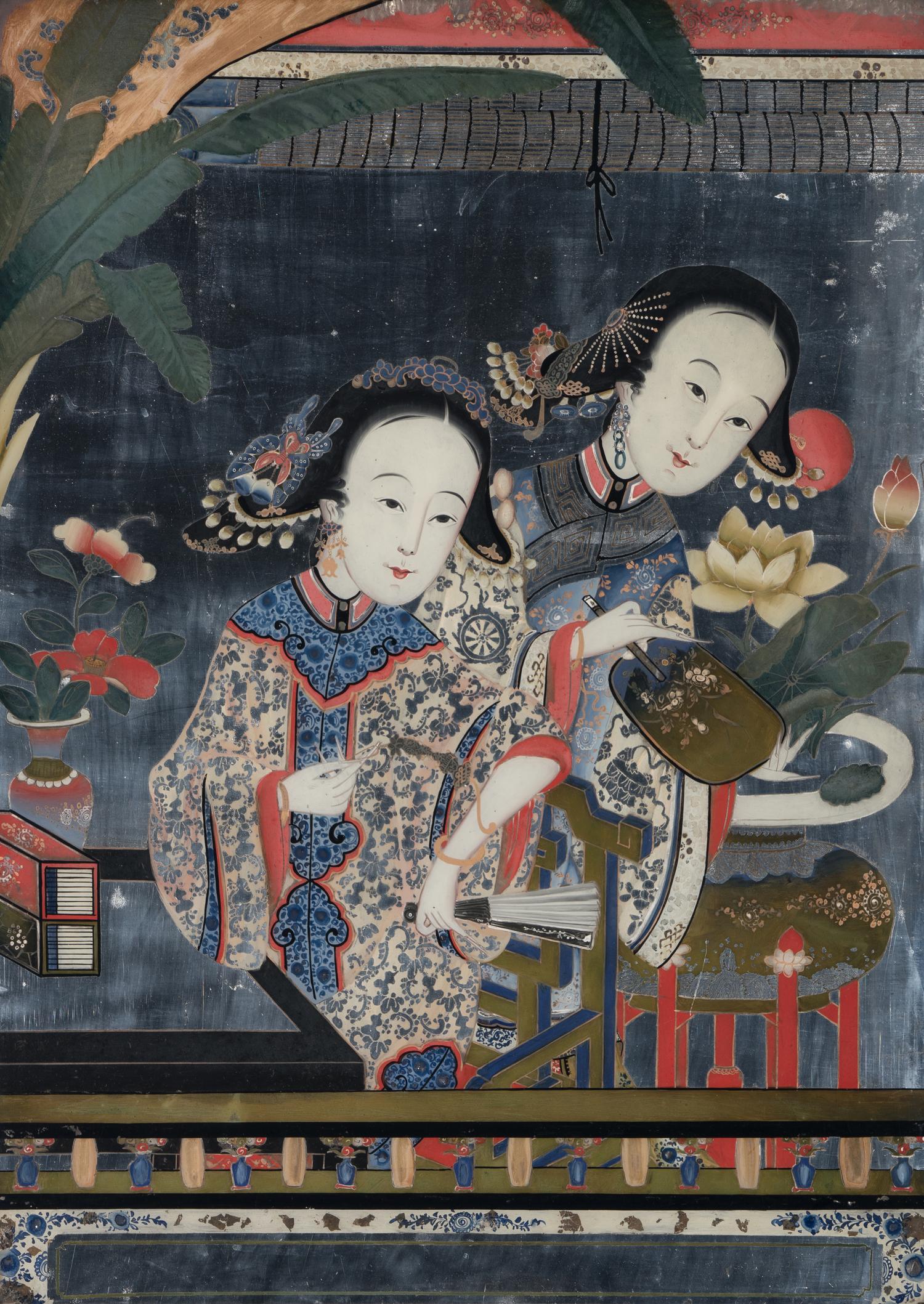 A Pair of Chinese Reverse Painted Mirror Panels