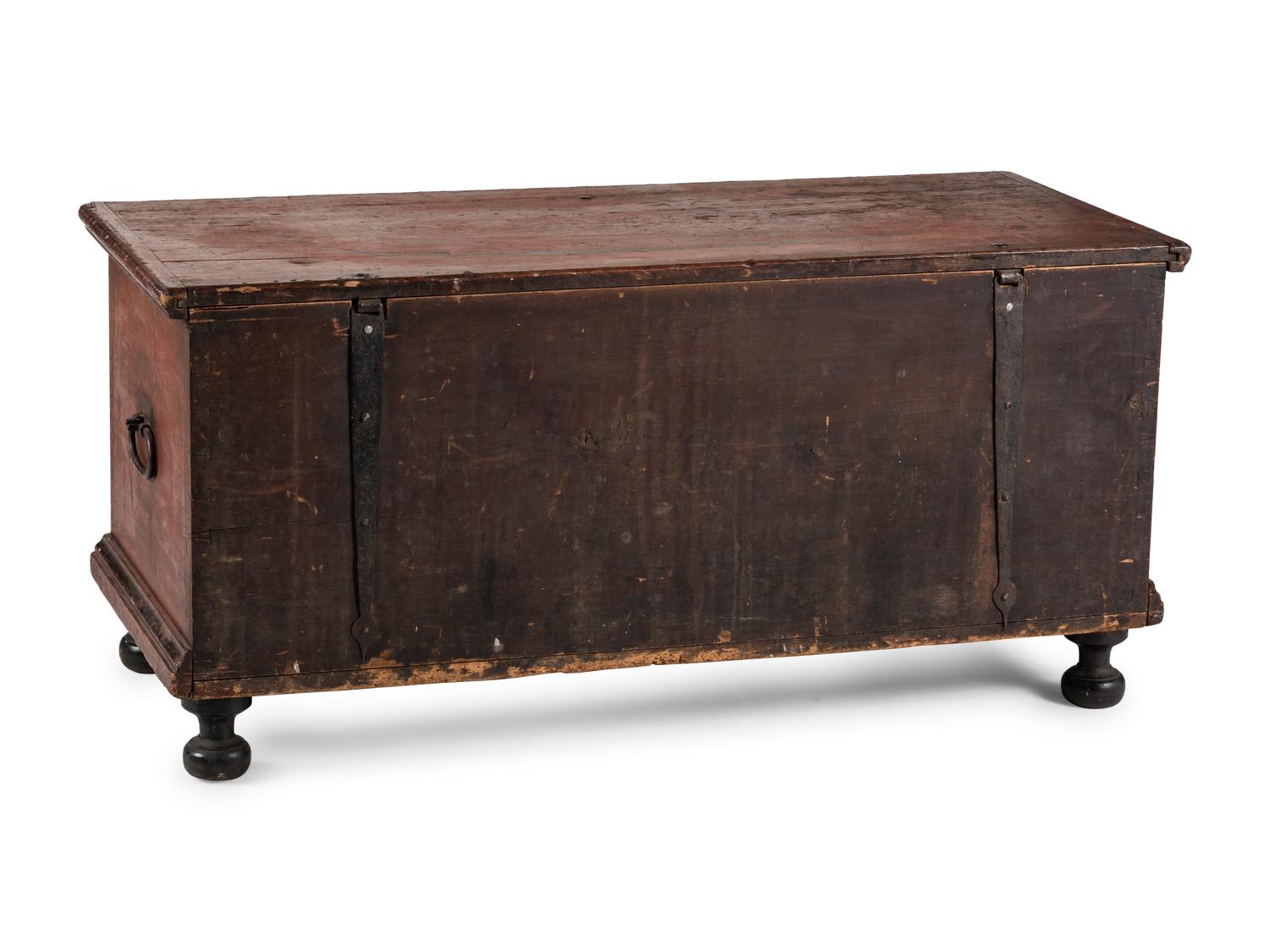 A Chippendale Red and Black Paint Decorated Wrought-Iron Mounted Poplar Blanket Chest