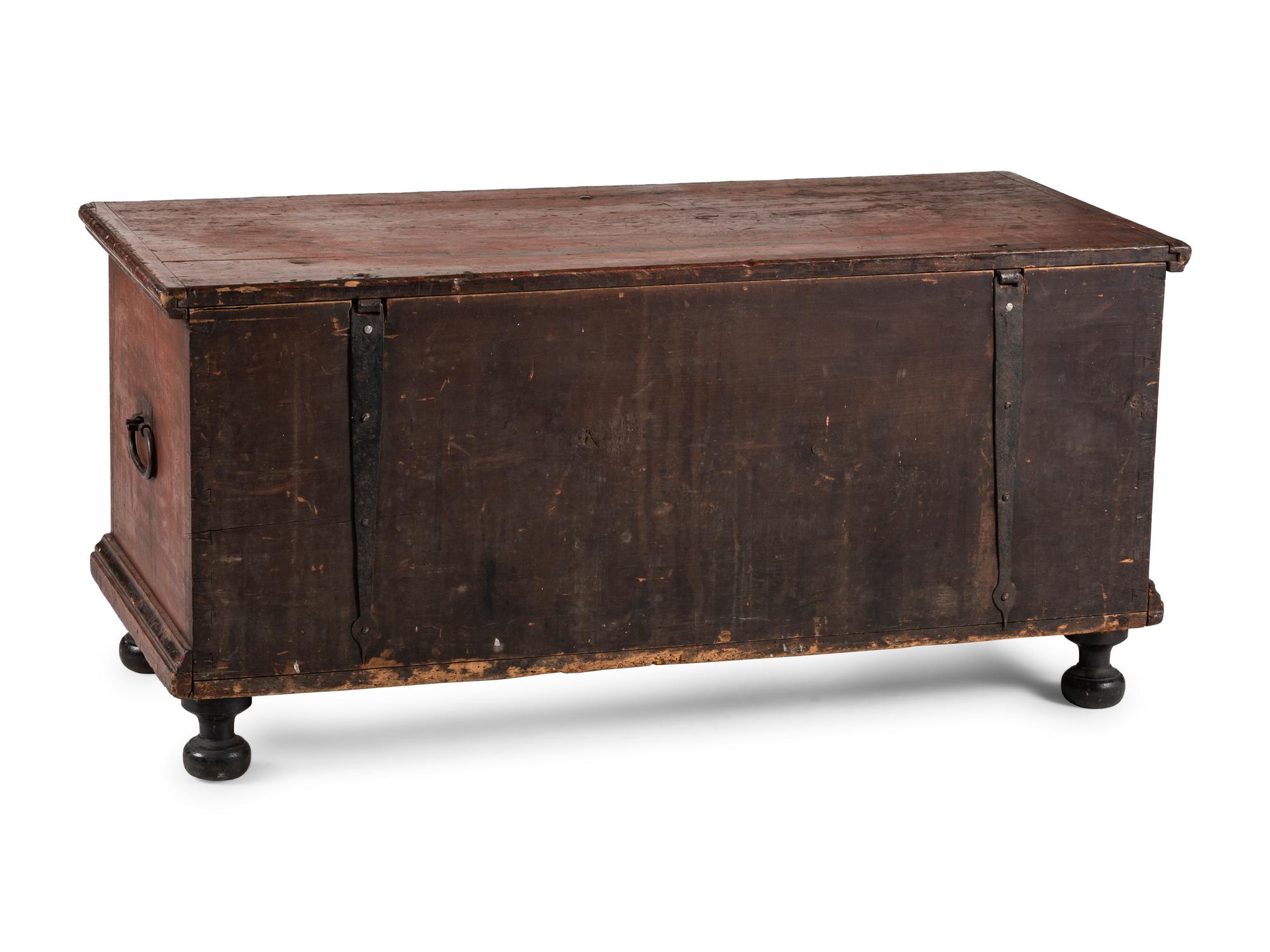 A Chippendale Red and Black Paint Decorated Wrought-Iron Mounted Poplar Blanket Chest