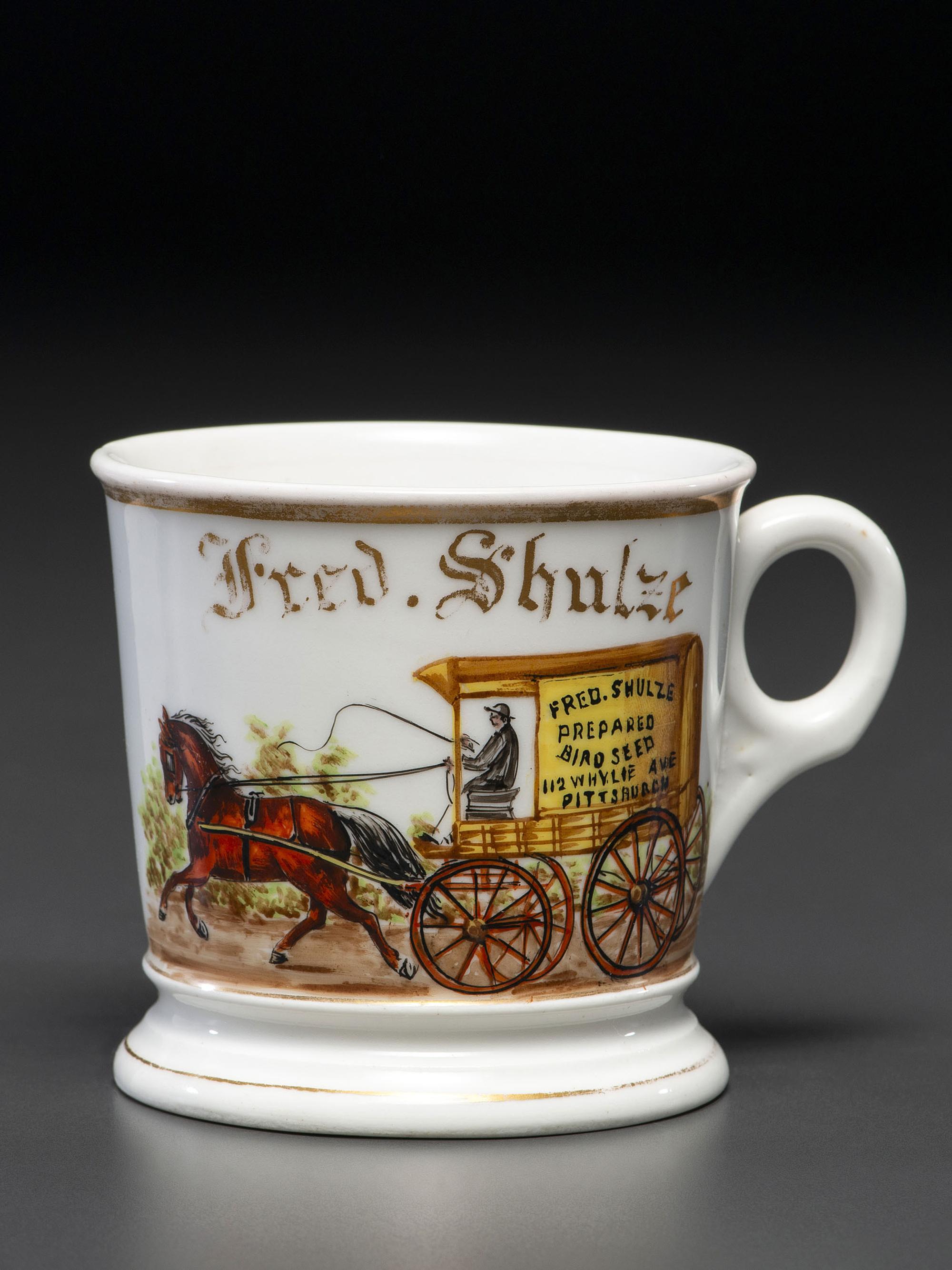 A Birdseed Salesman's Porcelain Occupational Shaving Mug Belonging to Fred Shulze