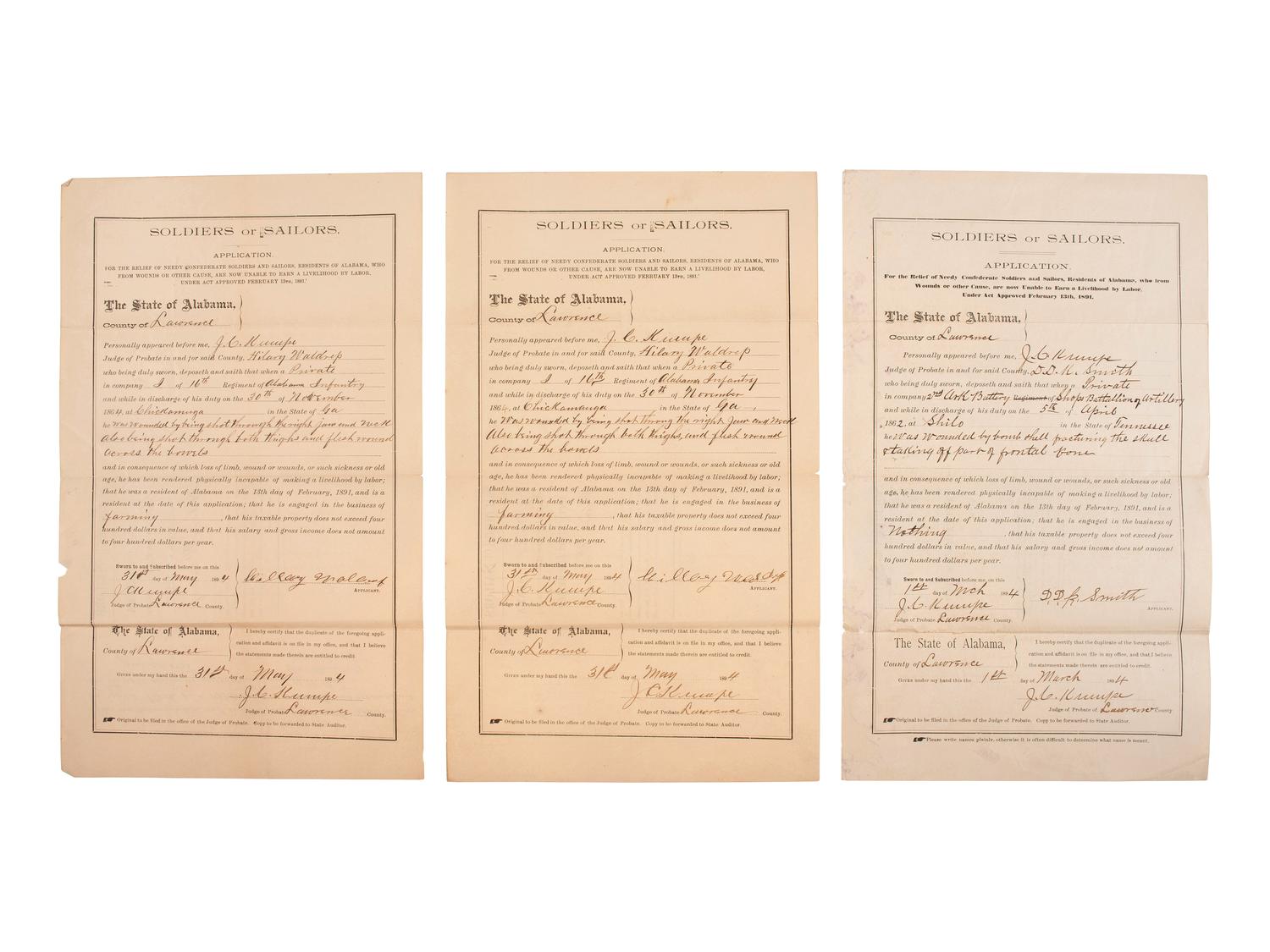 [CONFEDERATE VETERANS]. A group of pension and relief applications by Confederate veterans who were wounded in action during the Civil War, comprising: