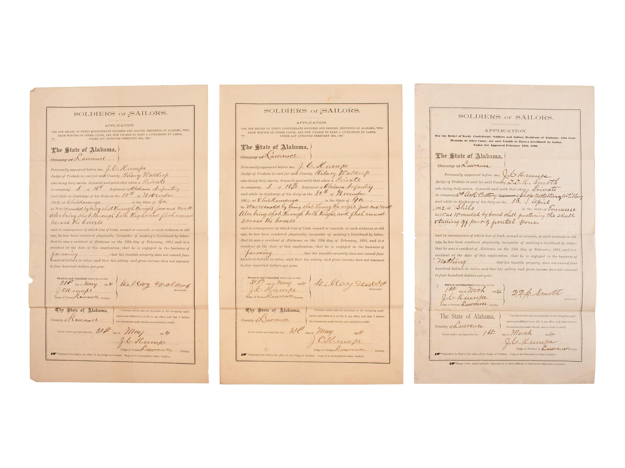 [CONFEDERATE VETERANS]. A group of pension and relief applications by Confederate veterans who were wounded in action during the Civil War, comprising: