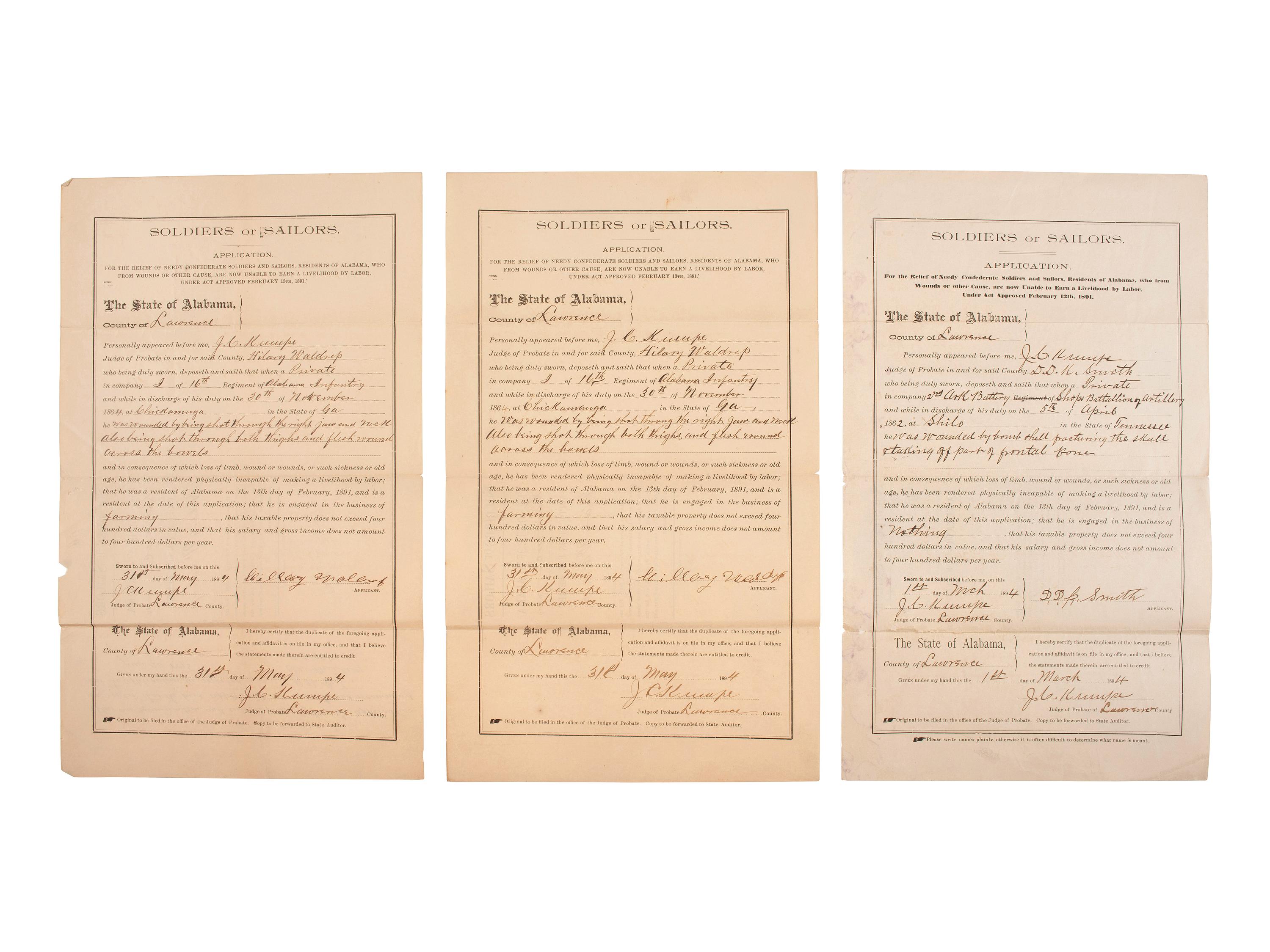 [CONFEDERATE VETERANS]. A group of pension and relief applications by Confederate veterans who were wounded in action during the Civil War, comprising: