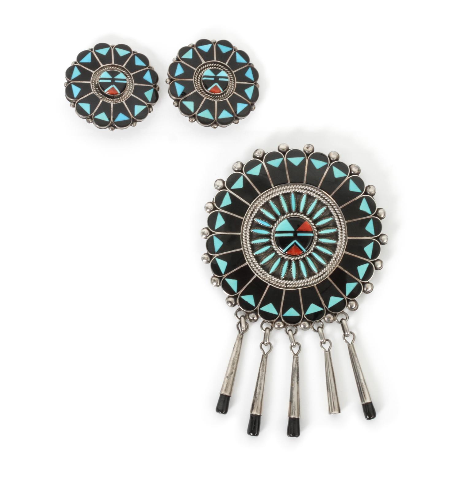 A Zuni Jet, Coral and Turquoise Brooch, Ben and Shirley Tzunie Diameter of brooch 2 1/2 inches.