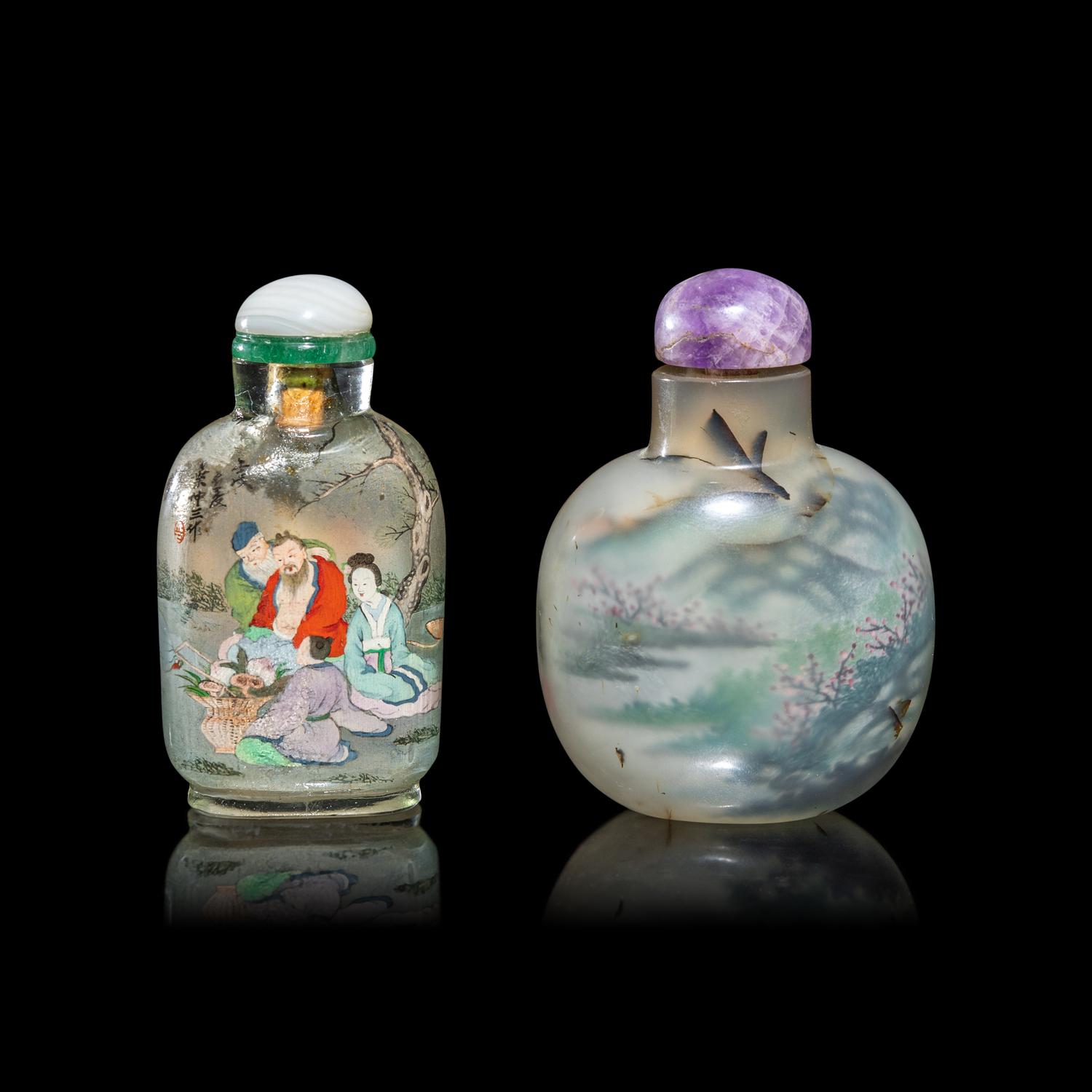 Two Chinese Inside Painted Snuff Bottles, Early 20th Century 葉仲三壬戌年（1922）作玻璃內畫八仙圖鼻煙壺及葉菶祺作瑪瑙內畫山水圖鼻煙壺