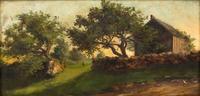 French School Late 19th Century — Farmhouse in a landscape with figure and chickens